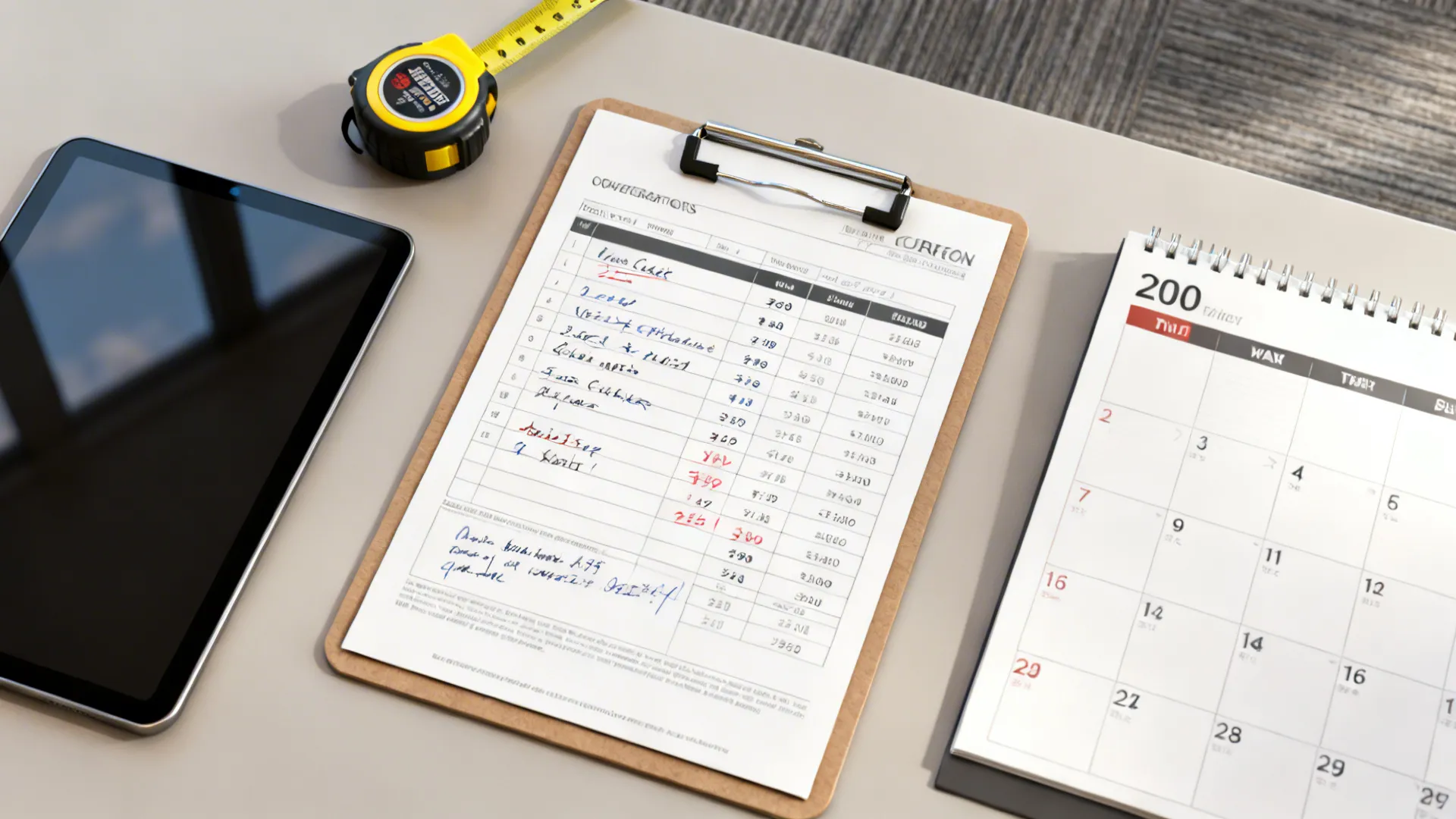 Top-down view of negotiation materials, tape measure, and calendar for off-peak buying