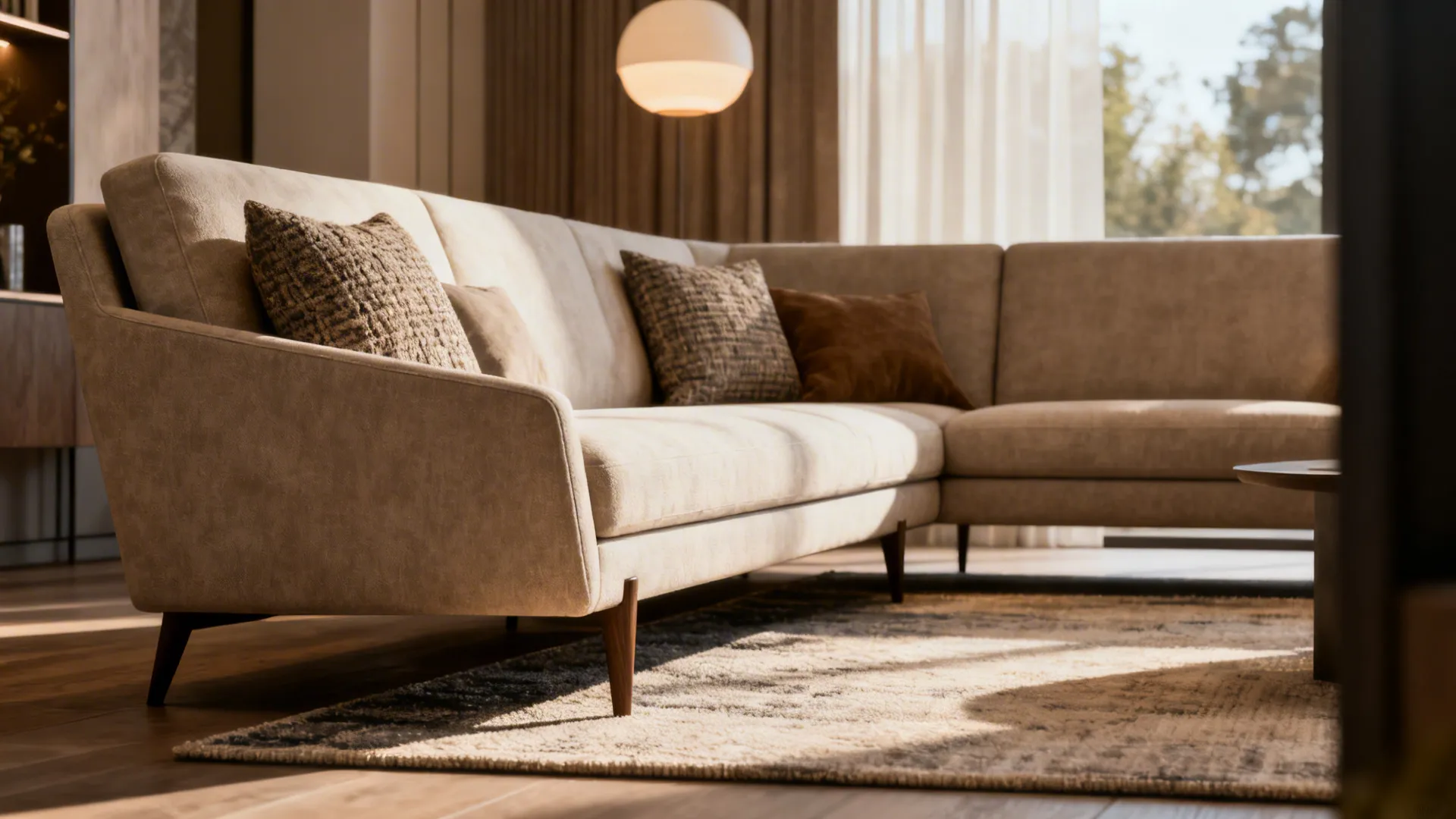 Loveseat angled toward couch creating diagonal sightlines and perceived depth in a small living room