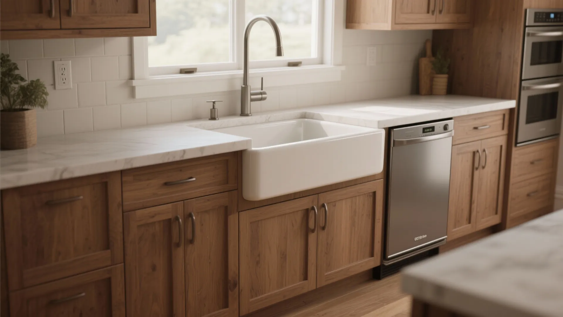 Offset apron-front sink with a narrow drawer and modified cabinet face framing in a compact kitchen.
