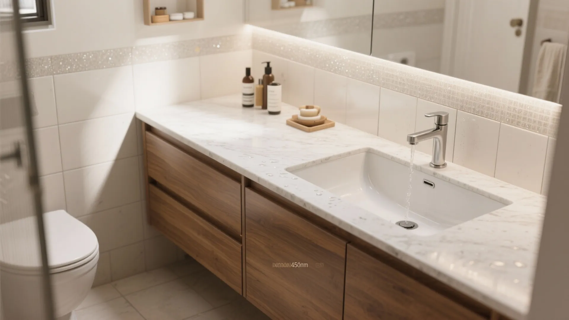 Modern bathroom with white marble countertop wooden cabinet white sink and bright mirror with light