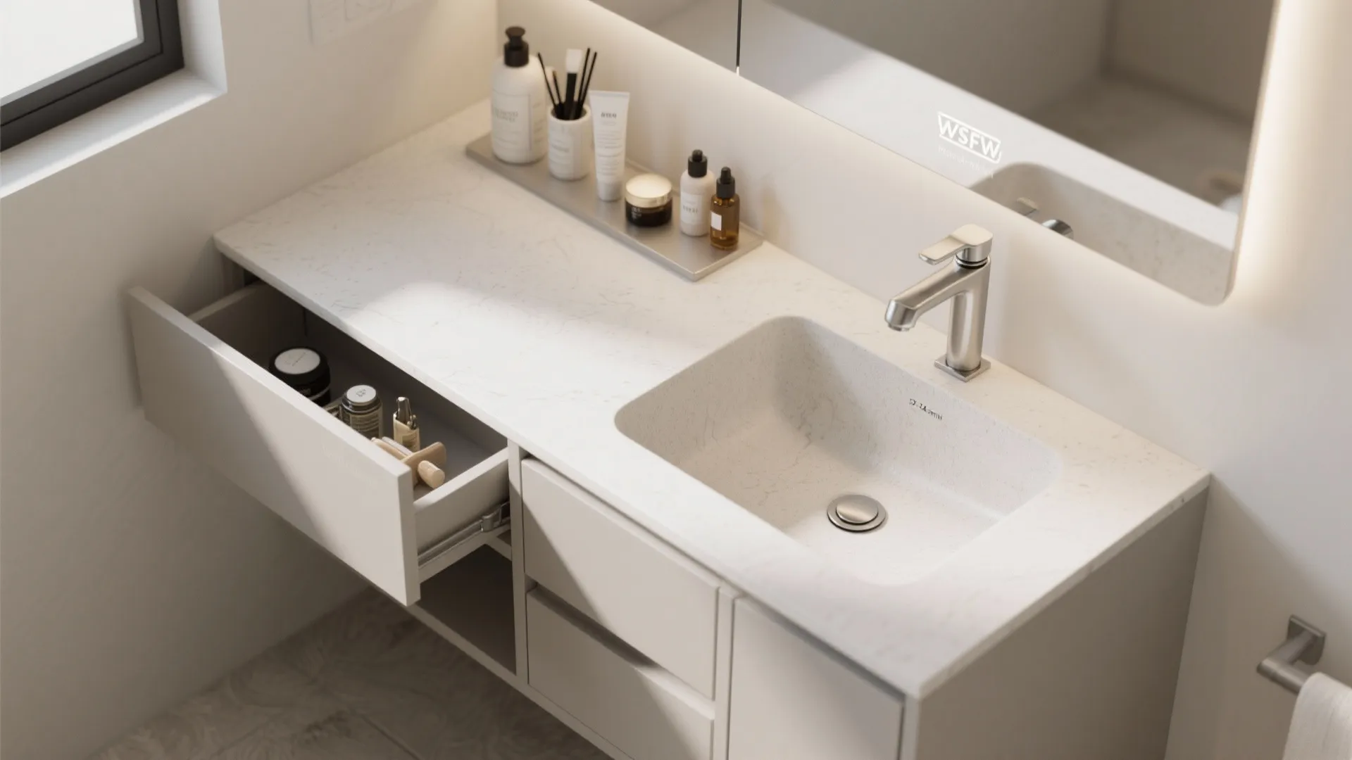Top view of a white bathroom sink with an open drawer showing various toiletries and bottles