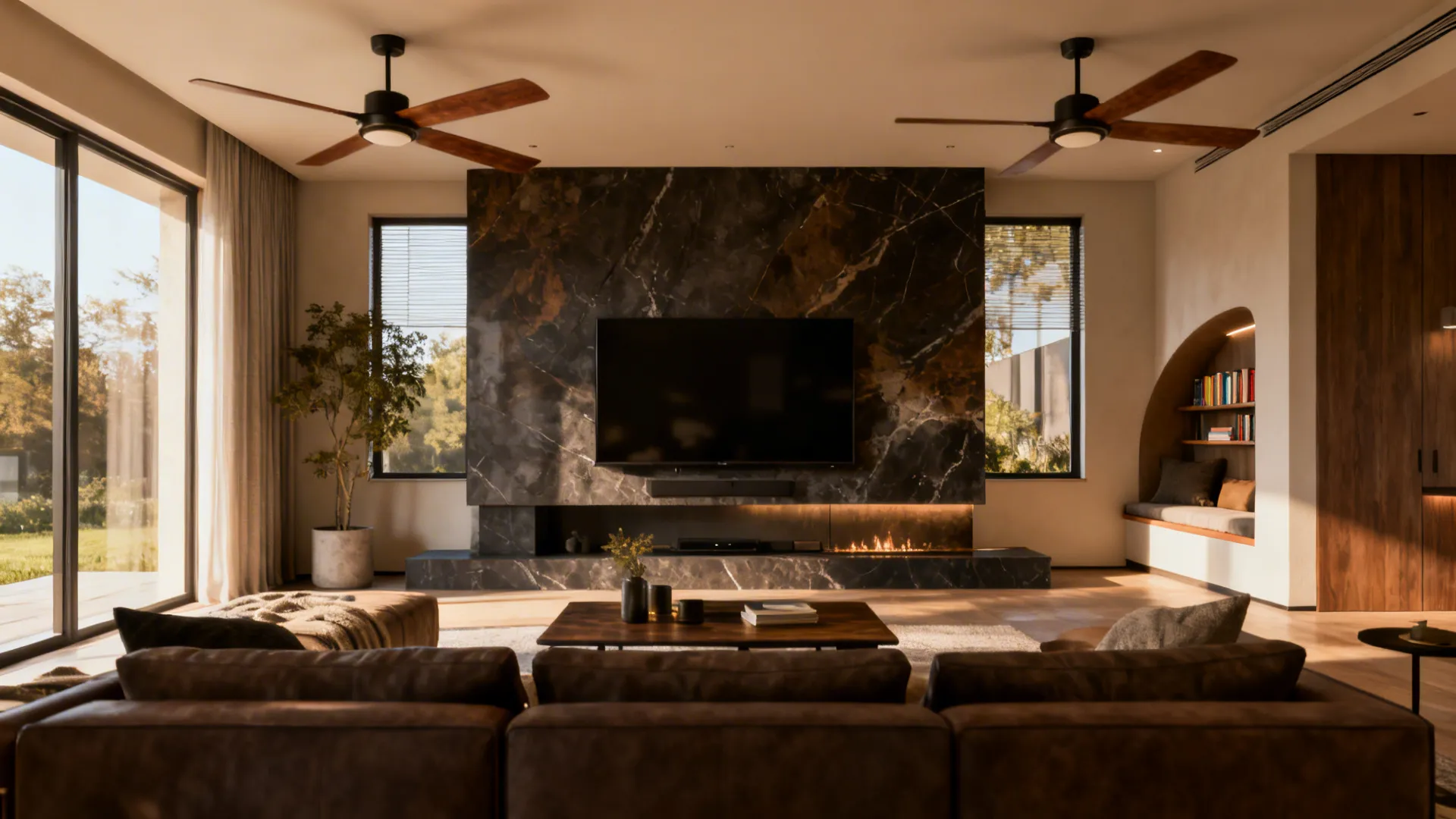 Living room with two offset ceiling fans that frame a media wall and reading nook.