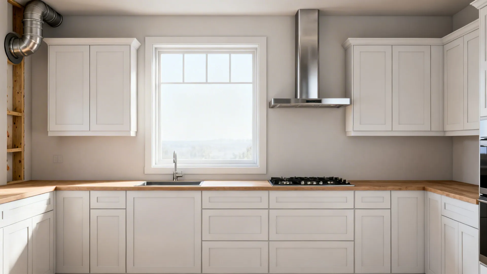Offset cooktop and slim chimney beside a window keep the view clear with short side-wall ducting.