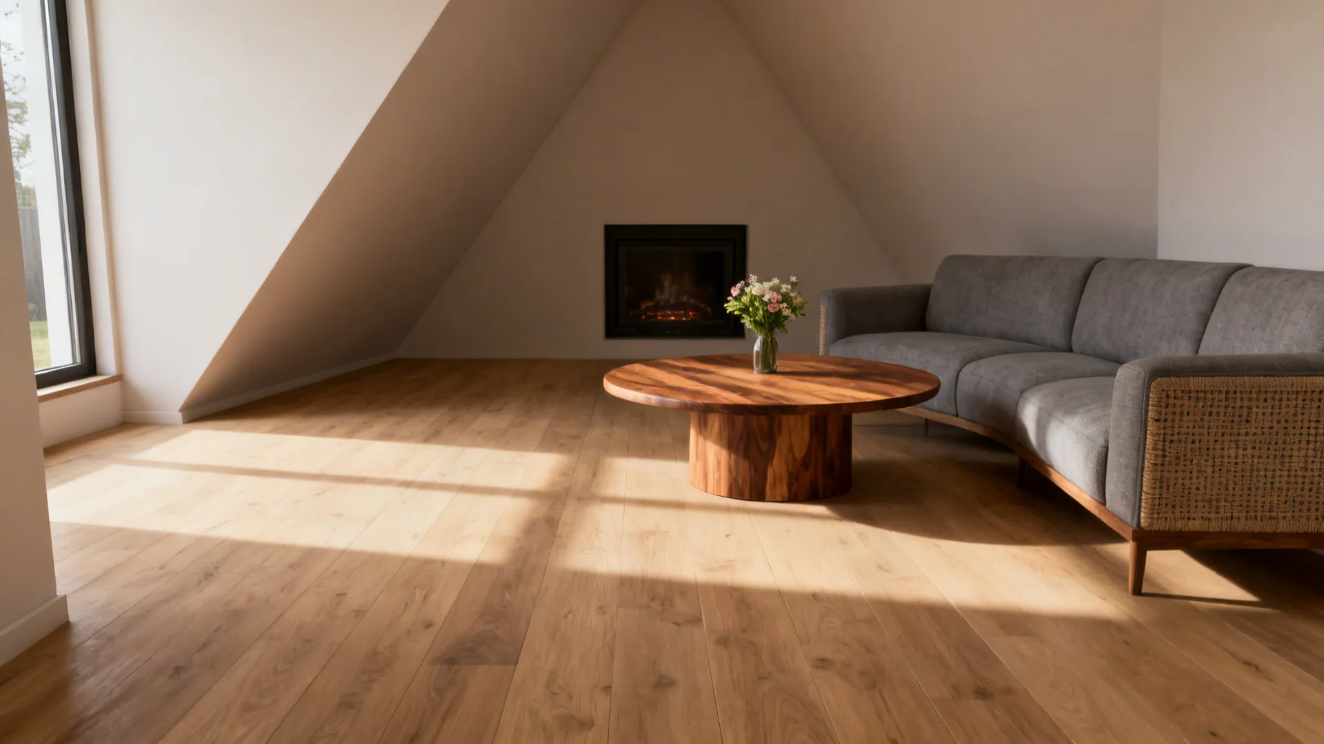 Living room with a round coffee table offset toward one side to support conversation and keep a walkway clear.