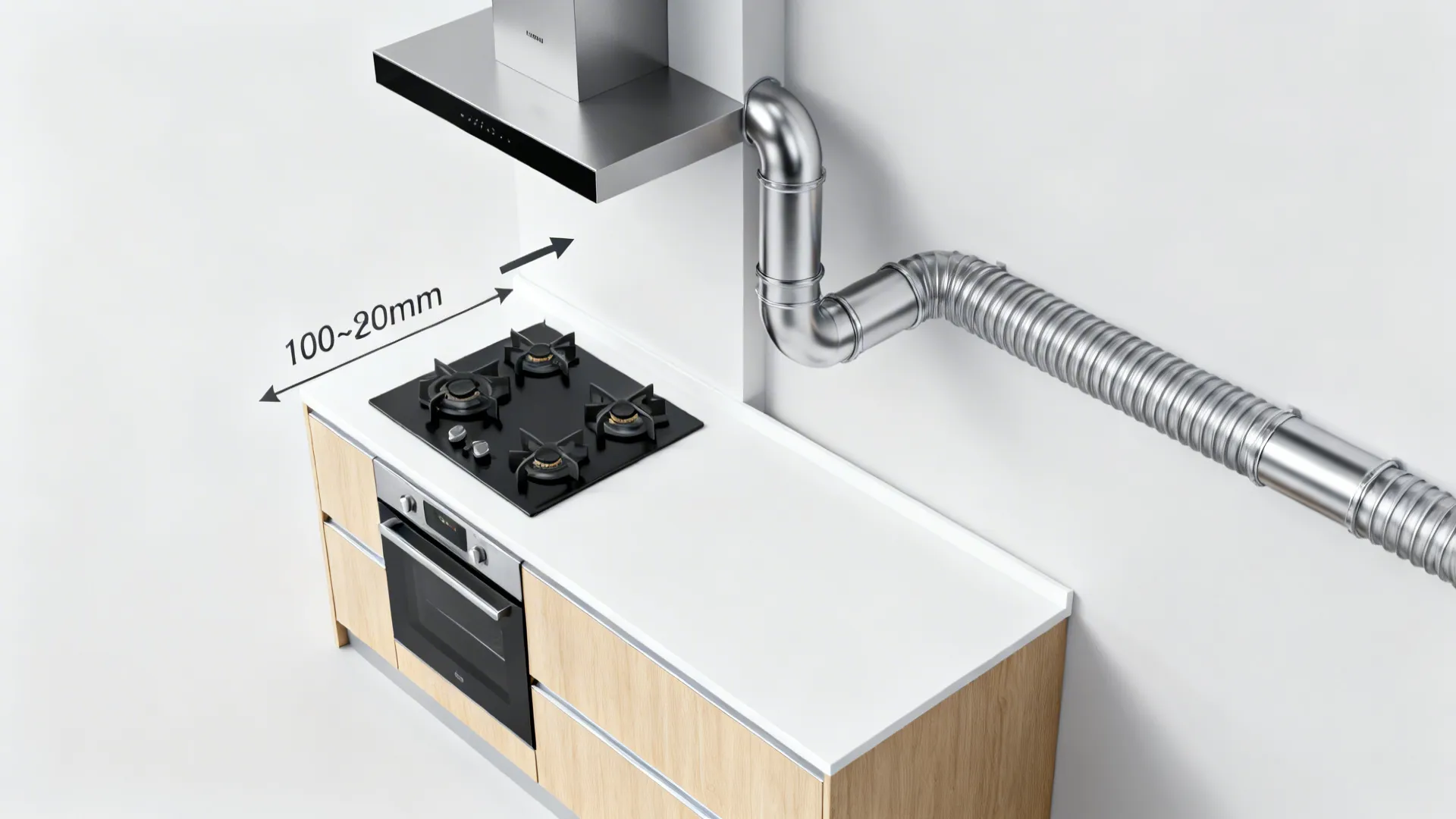 Wall-mounted chimney with offset cooktop for cleaner airflow