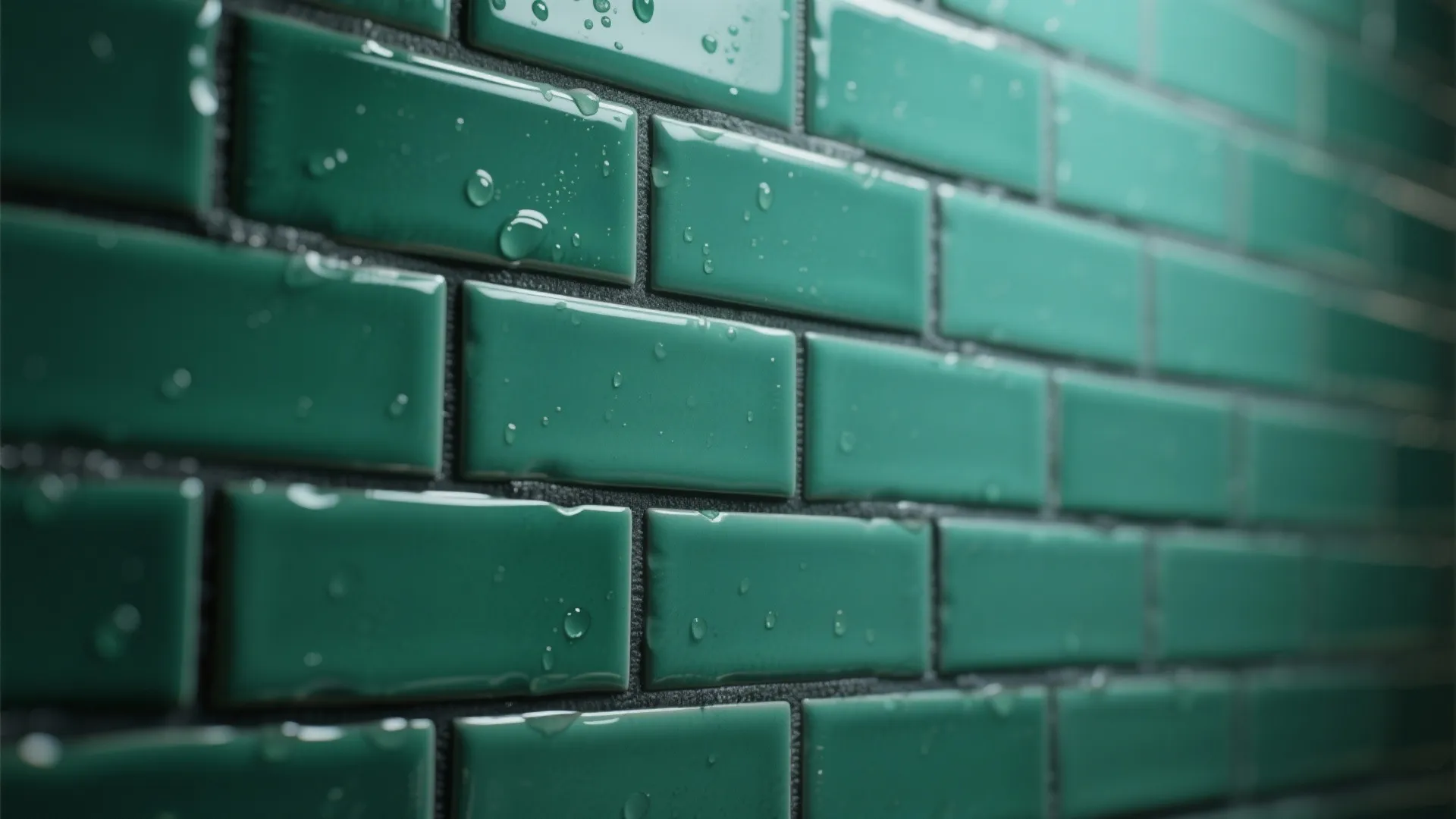 Close-up of emerald subway tile in staggered offset layout with charcoal grout
