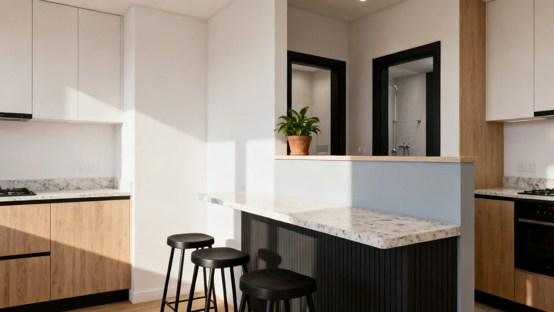 3) Offset doorway with partial-height privacy wall