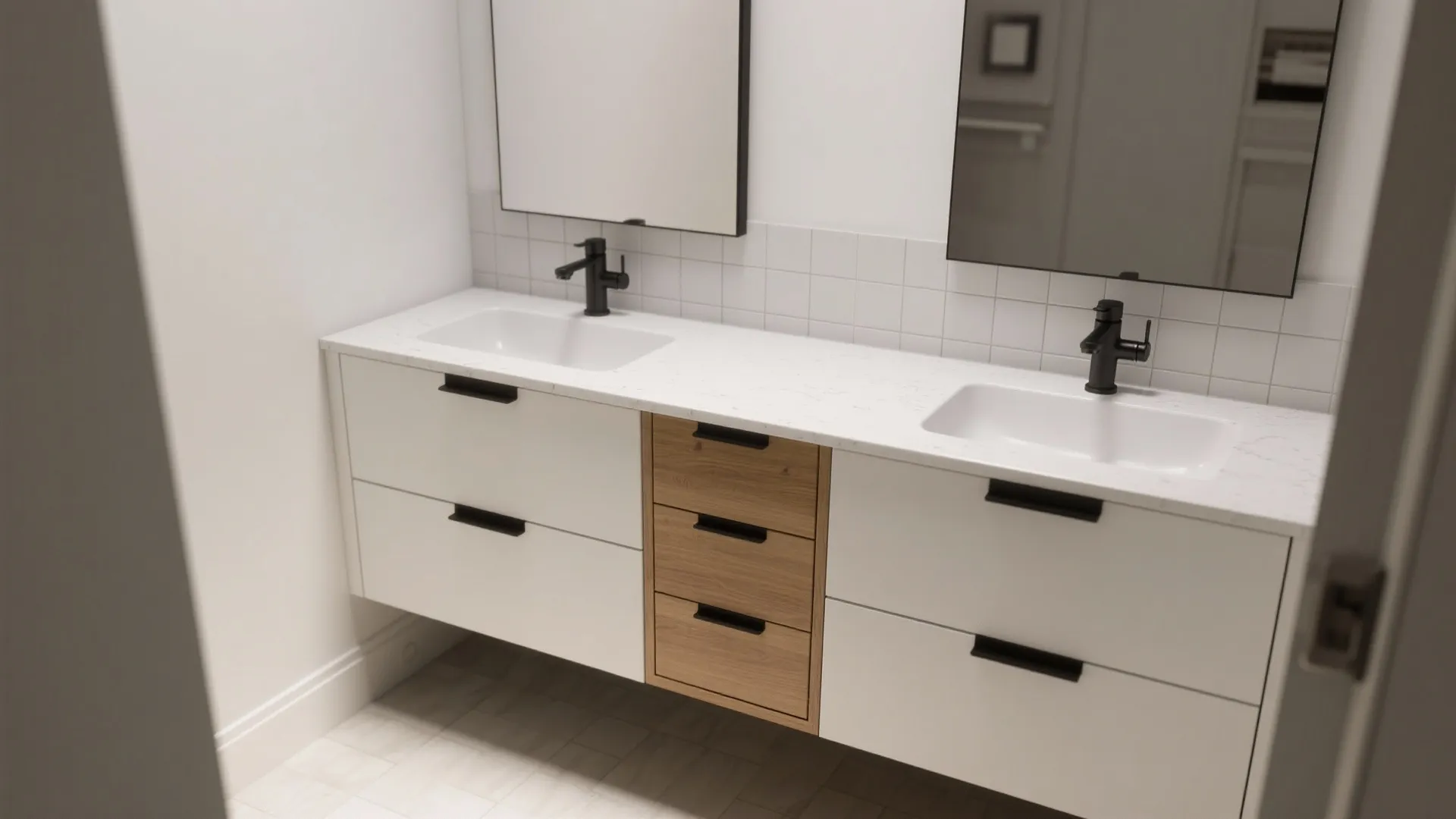 Compact Double Vanities with Offset Sinks