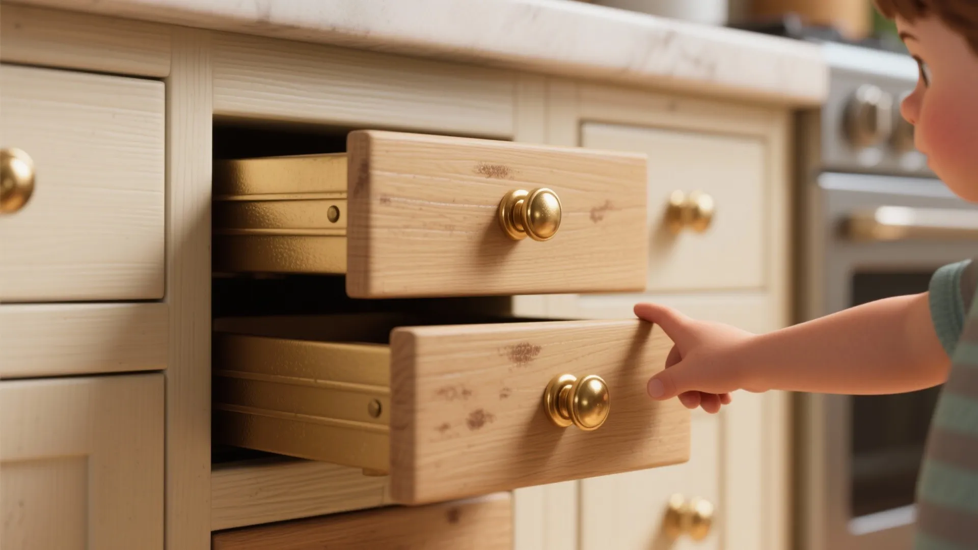 Child reaching for open light wood kitchen drawers with gold knobs and a white marble surface