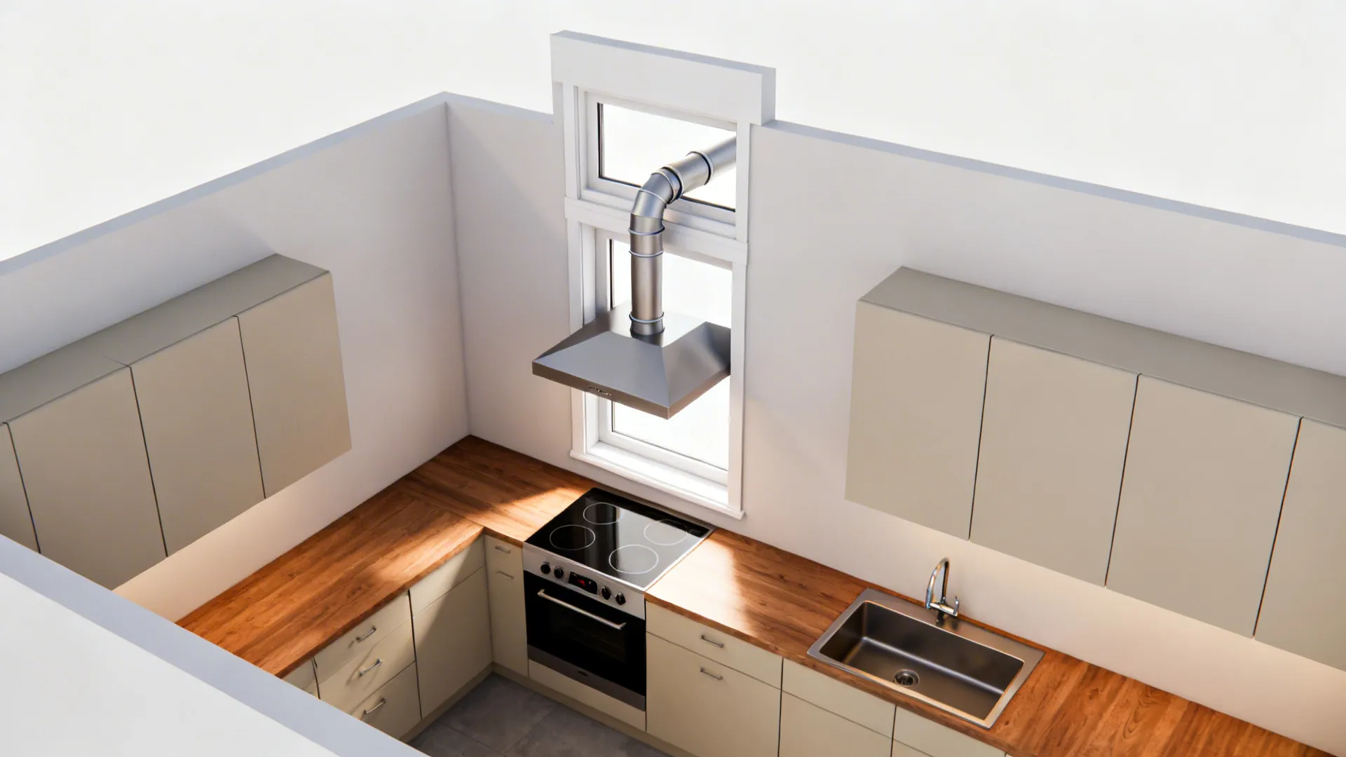 Top-down visual of an offset hood with vertical duct path through a transom.