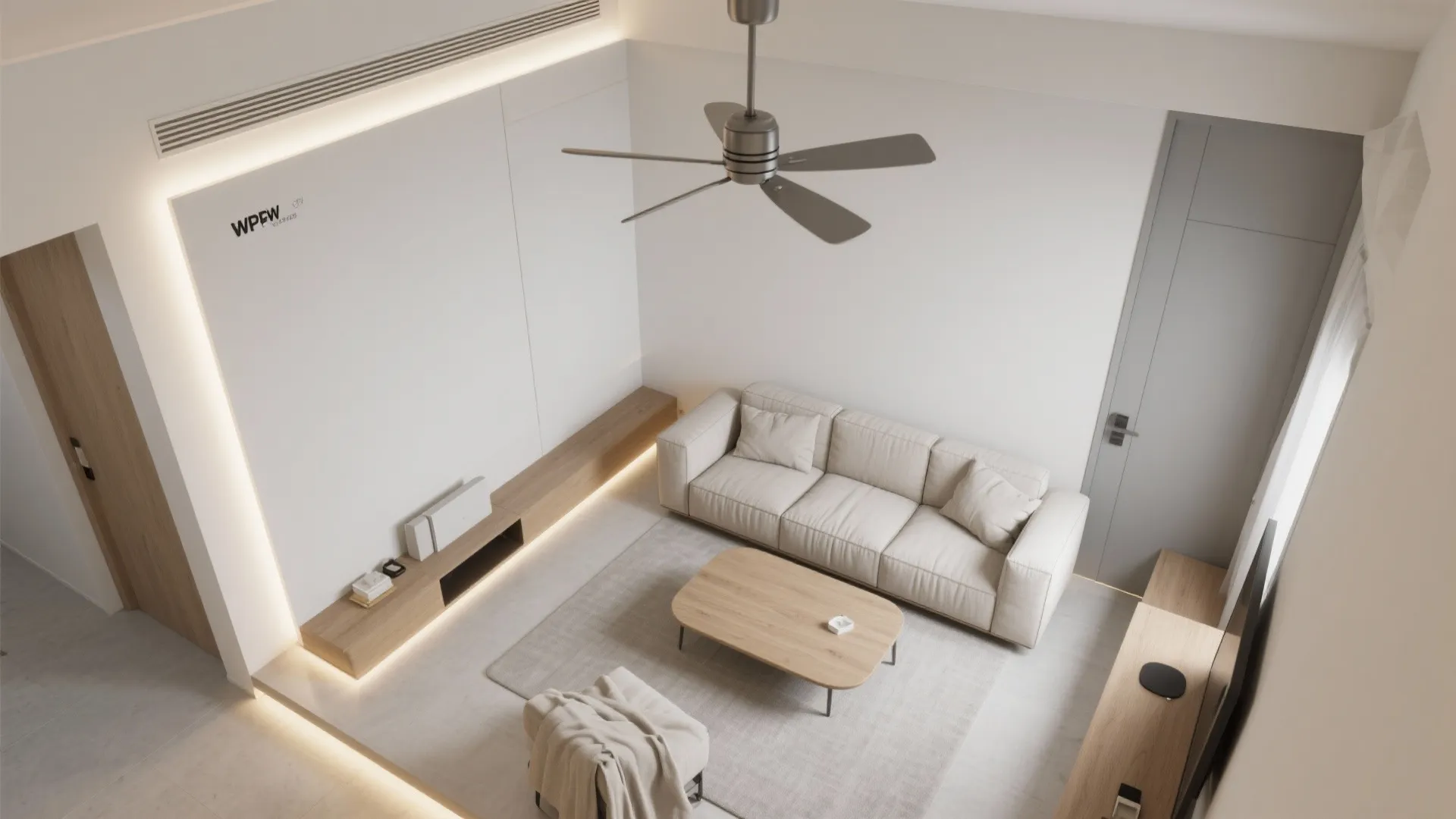 Top down interior design drawing of a minimalist living room with sofa coffee table and fan