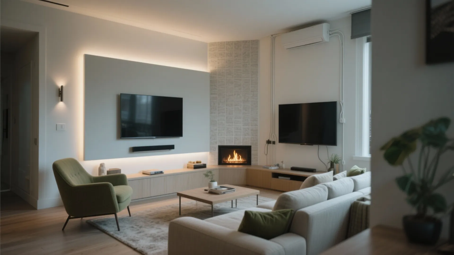 Small living room with TV on one wall and electric fireplace on the adjacent wall.