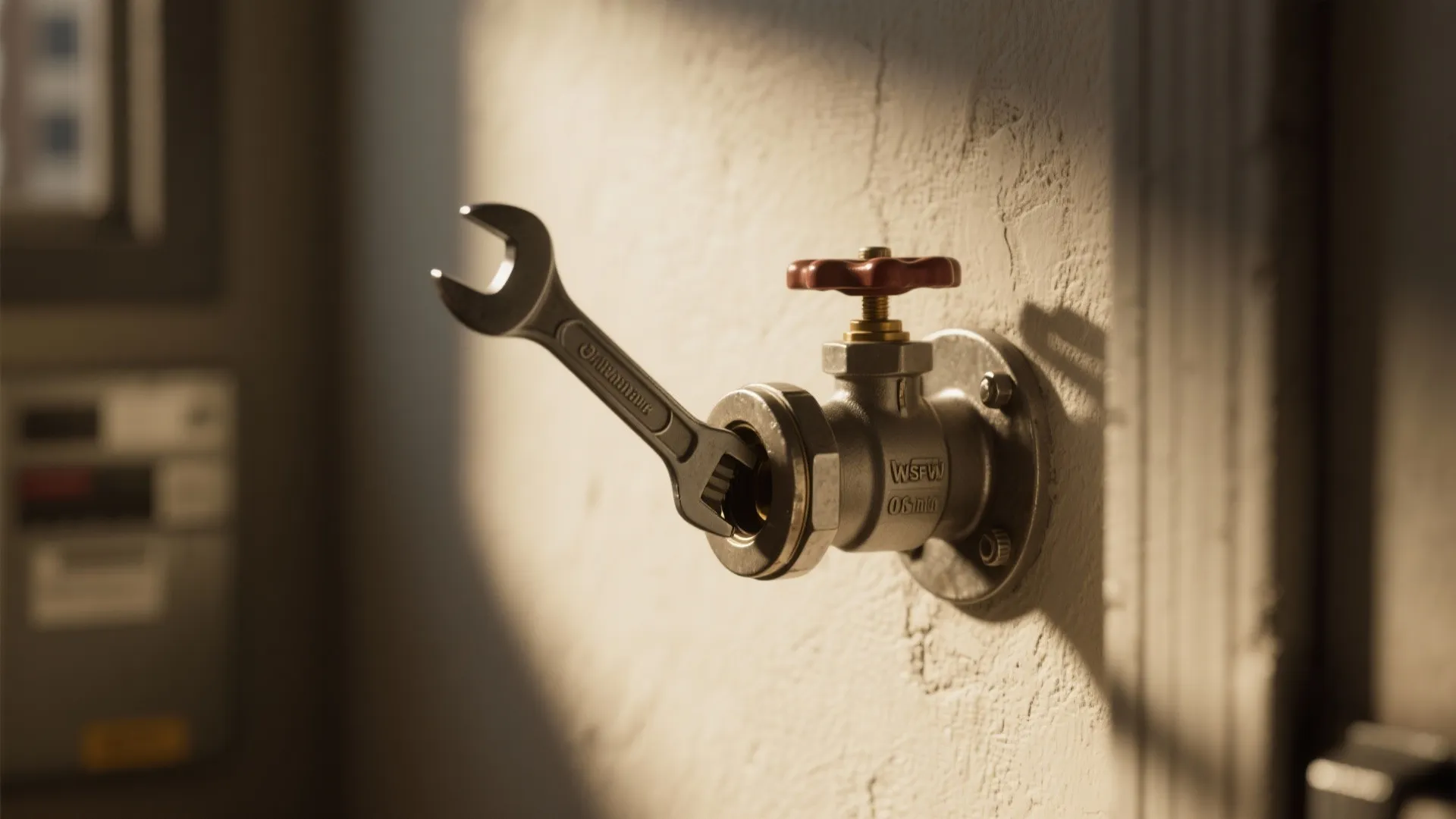 Offset-handle wrench turning a wall-mounted shutoff valve with clear knuckle clearance.