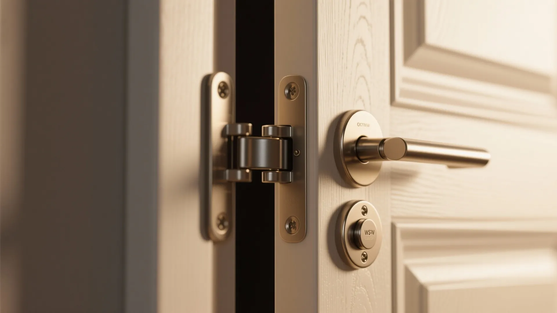 Close up view of a silver metal door hinge and handle on a white door