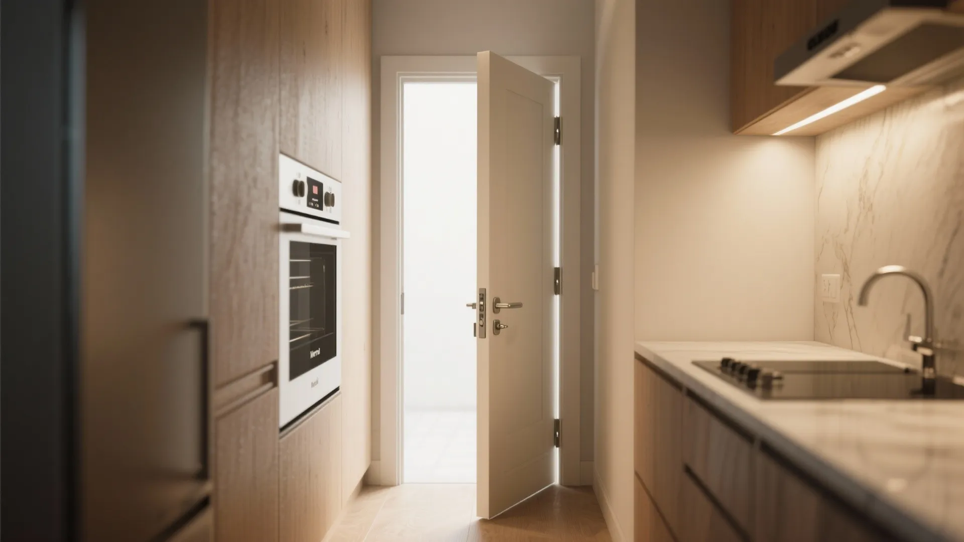 Narrow kitchen with wood cabinets and white oven looking towards an open white wooden door