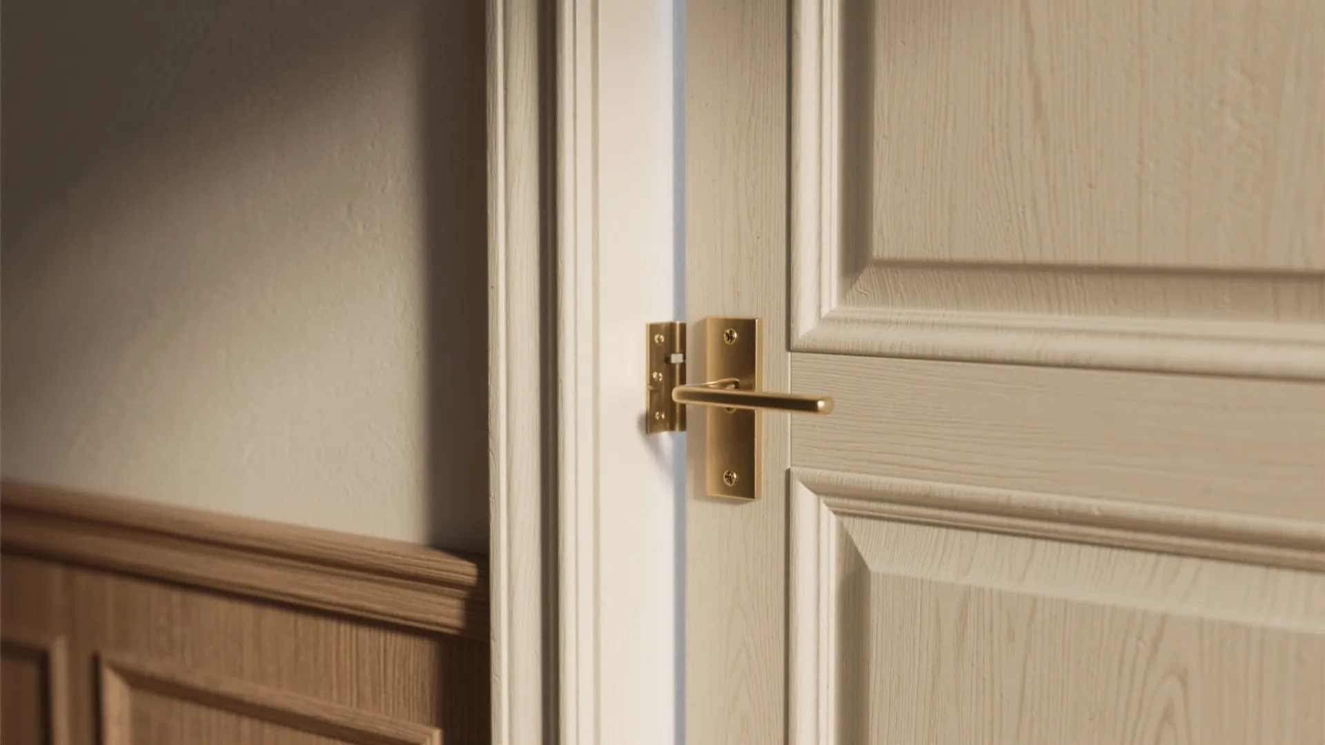 Close up of a wooden door with gold metal handle and hinge against white wall panel