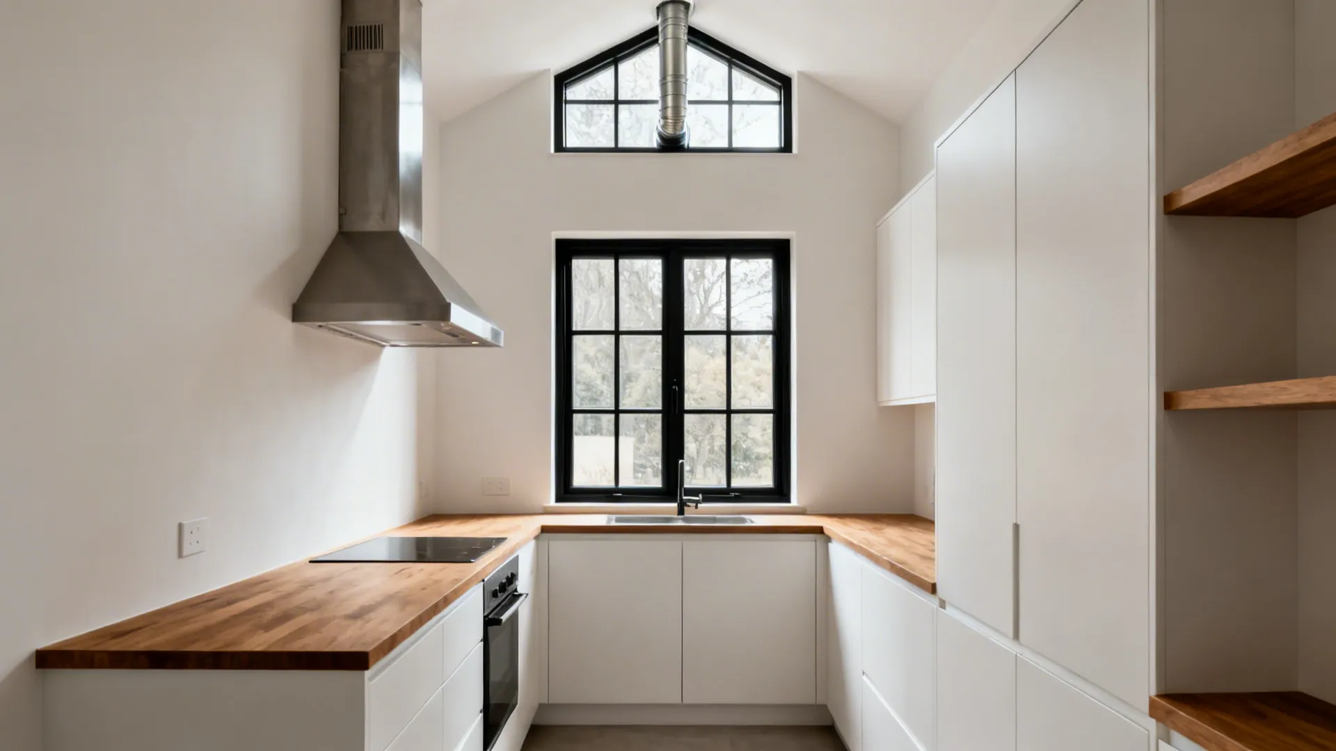 Offset chimney with vertical duct through a fixed-glass transom above a metal-framed window.