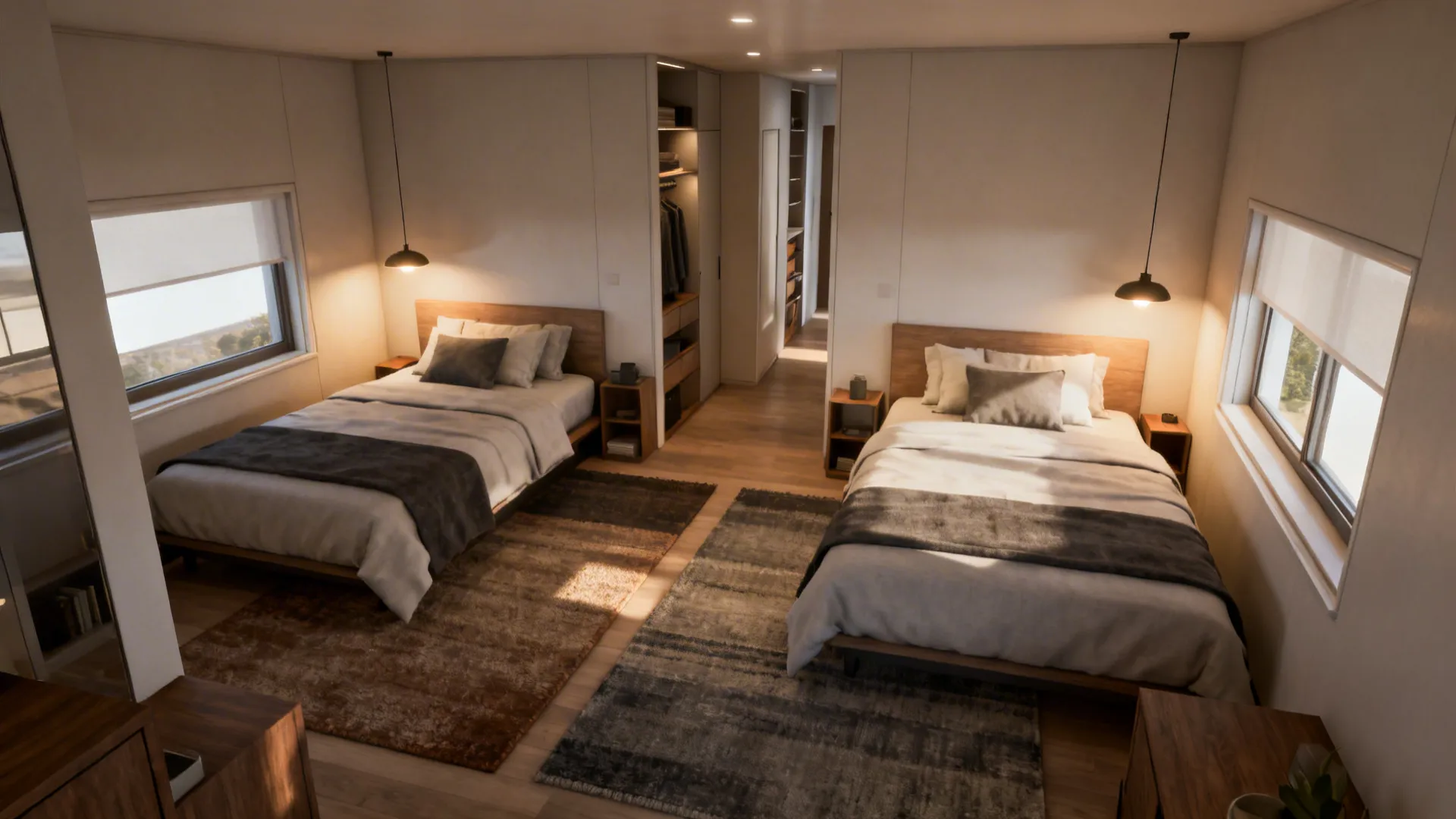 Offset queen beds creating a visual corridor with rugs and pendant lights in a compact room.