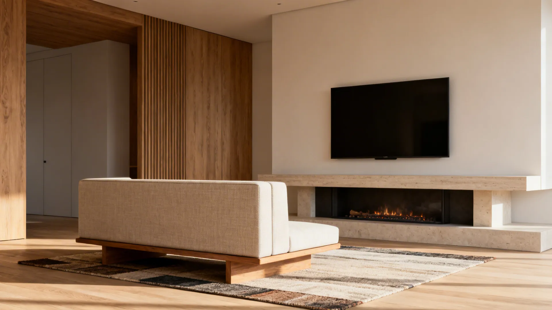 Low-back sofa shifted off center in front of a hearth, preserving sightlines to the mantel and TV.