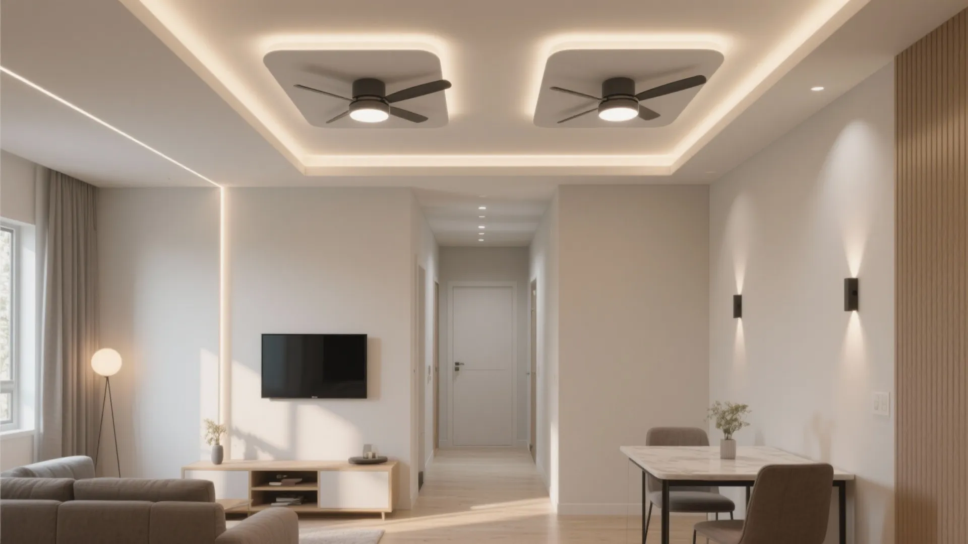 Modern hall with two offset POP micro-rafts, each with a slim fan and integrated downlights.