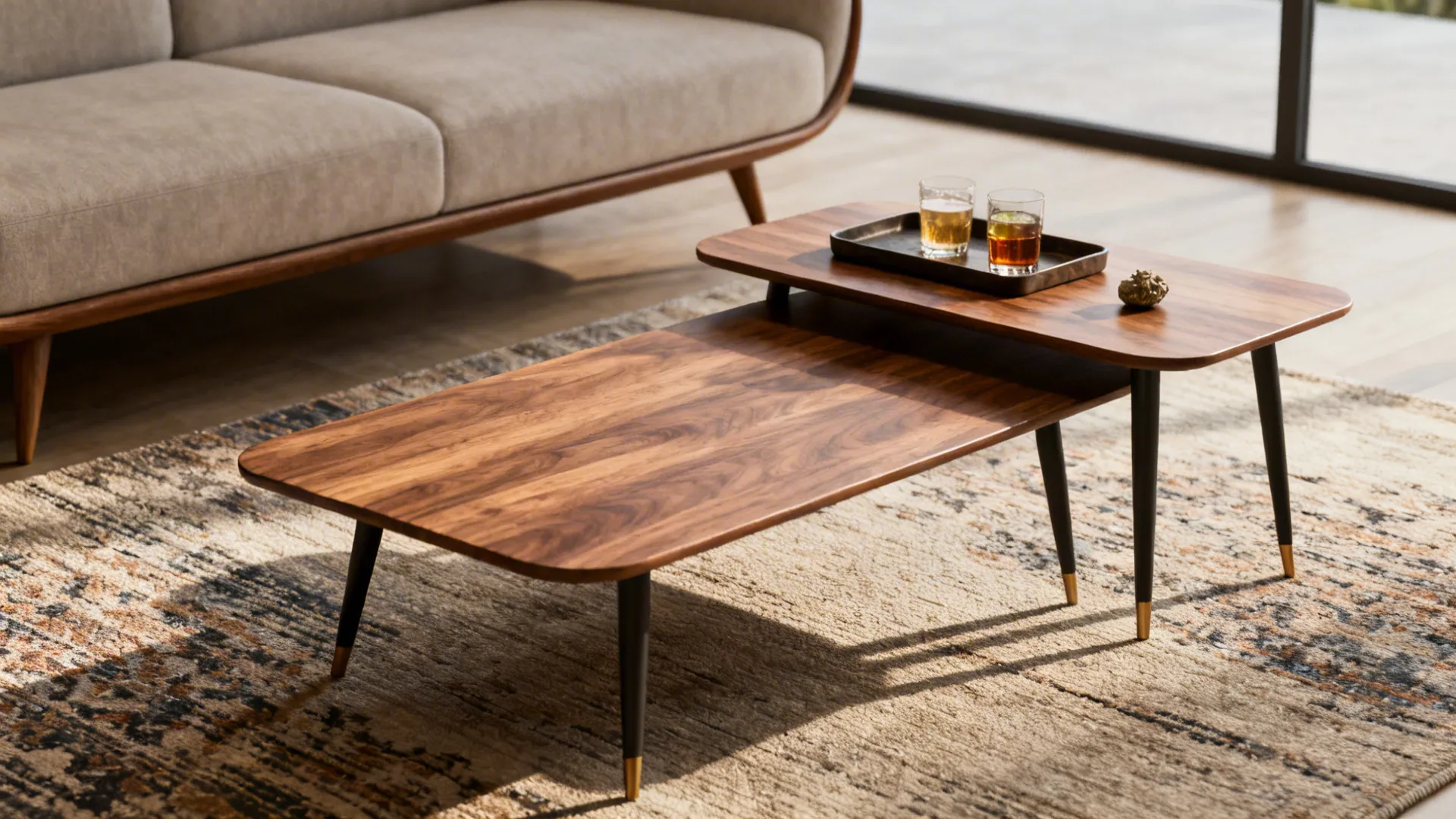 Layered coffee tables with staggered placement beside a sofa, showing clear walkways and warm materials.