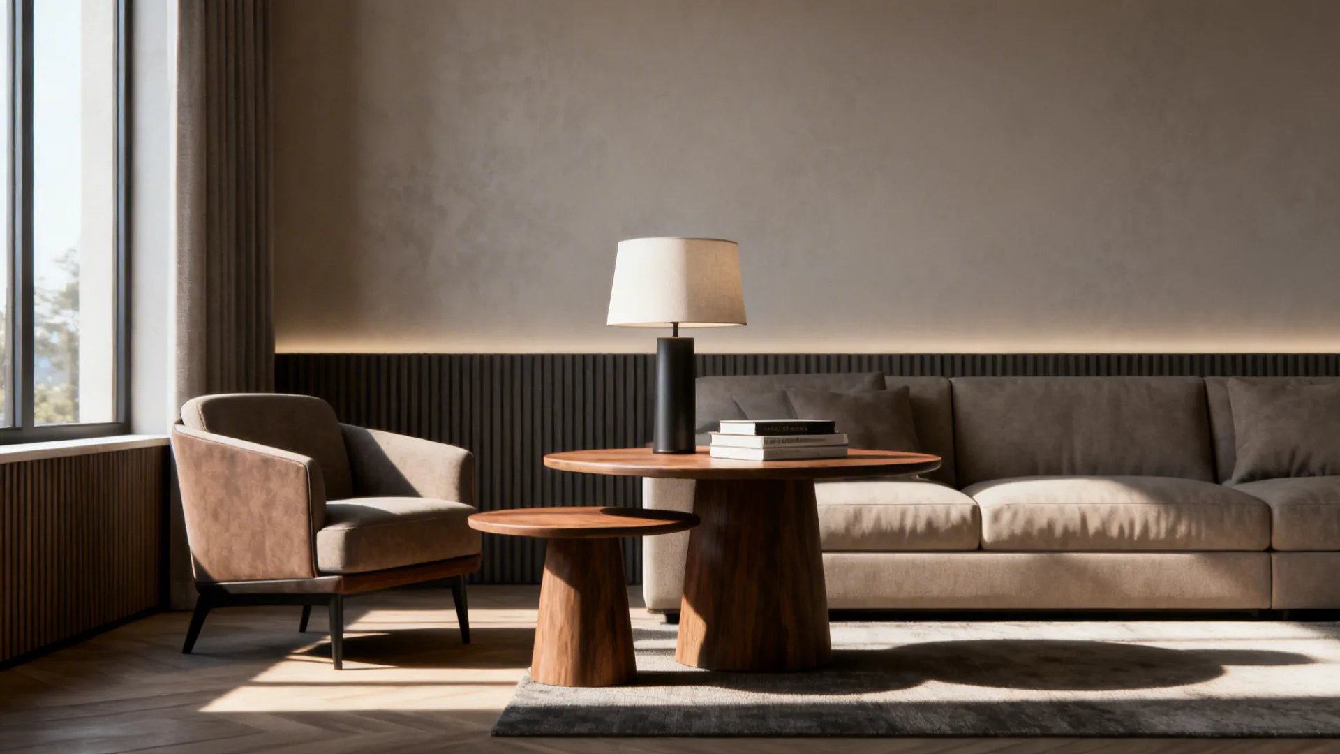 Modern living room with a grey sofa arm chair two wooden tables and a table lamp