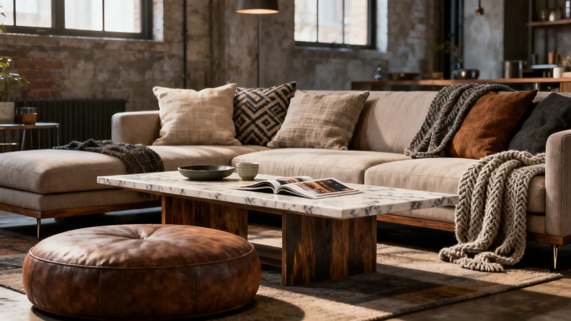 Offset coffee table and ottoman in a loft living room with layered, casual styling.