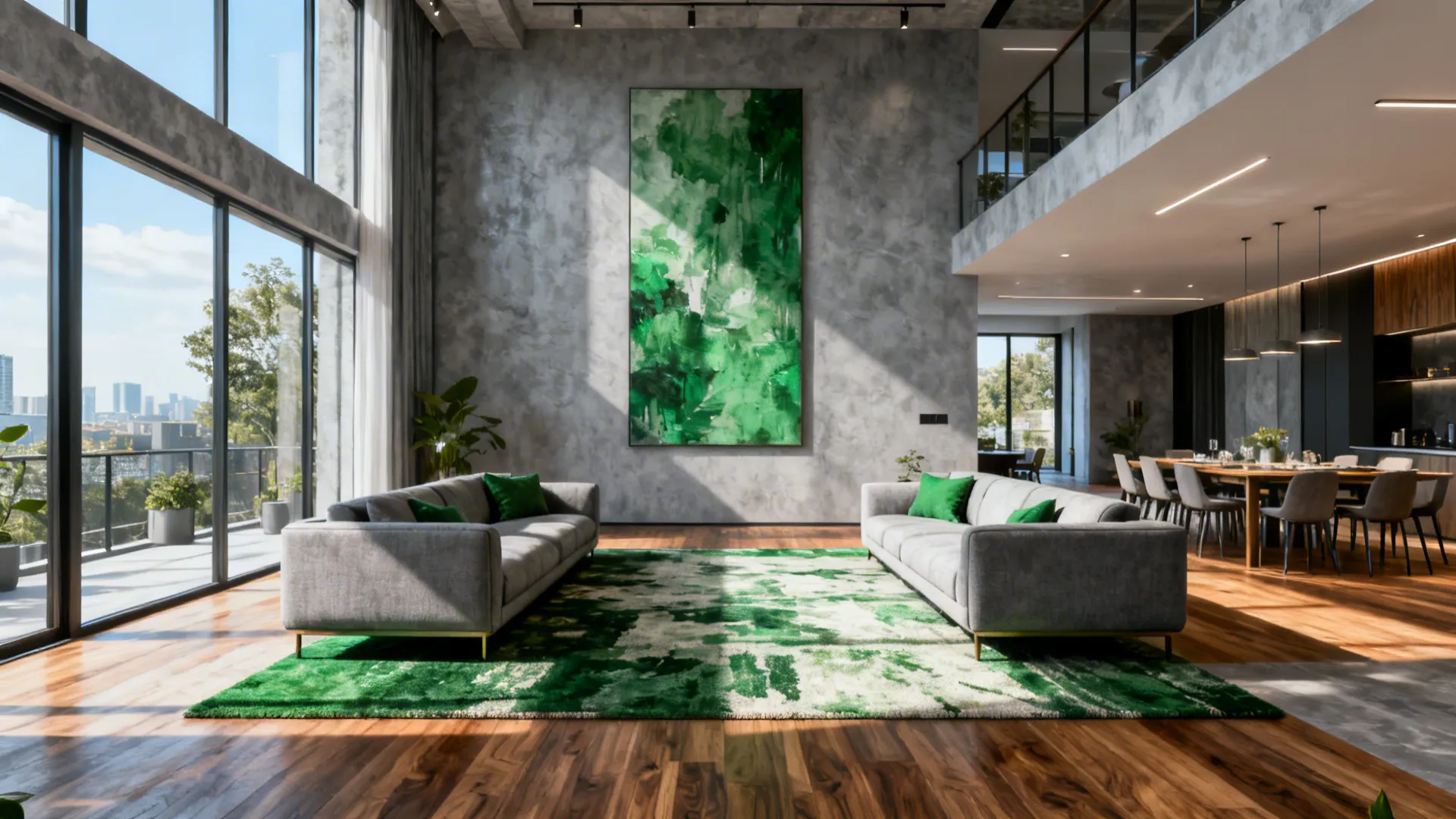 Open-plan loft with two parallel but offset sofas creating a living zone and preserving sightlines.