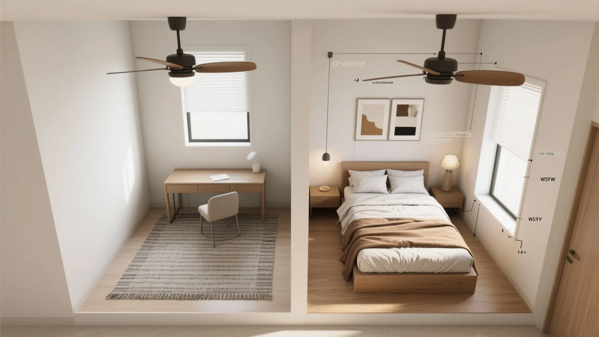 Interior design drawing showing study area with desk and bedroom with bed and wooden ceiling fan