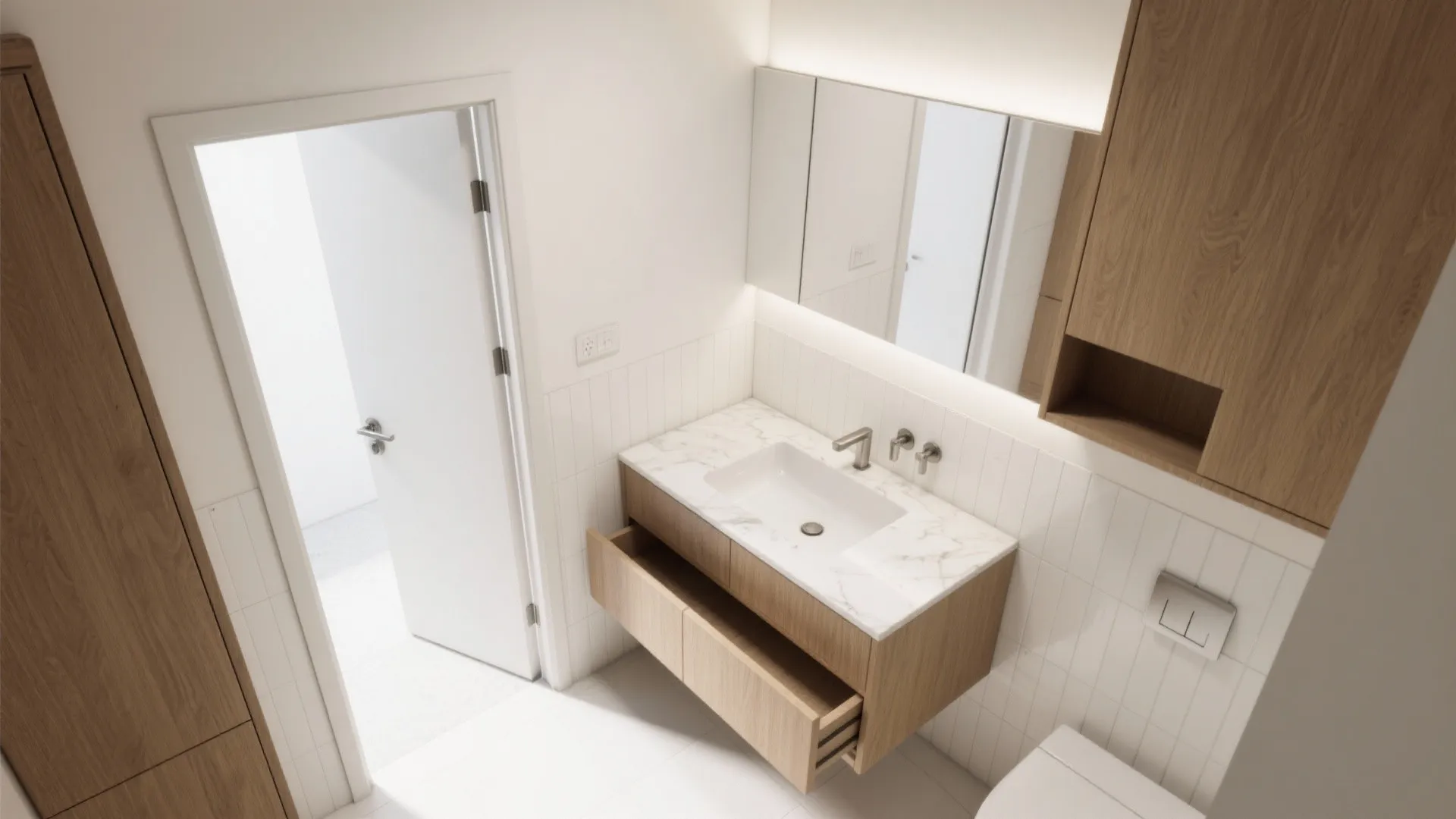 Modern bathroom with wooden cabinet, marble countertop, white sink, large mirror, and open white door