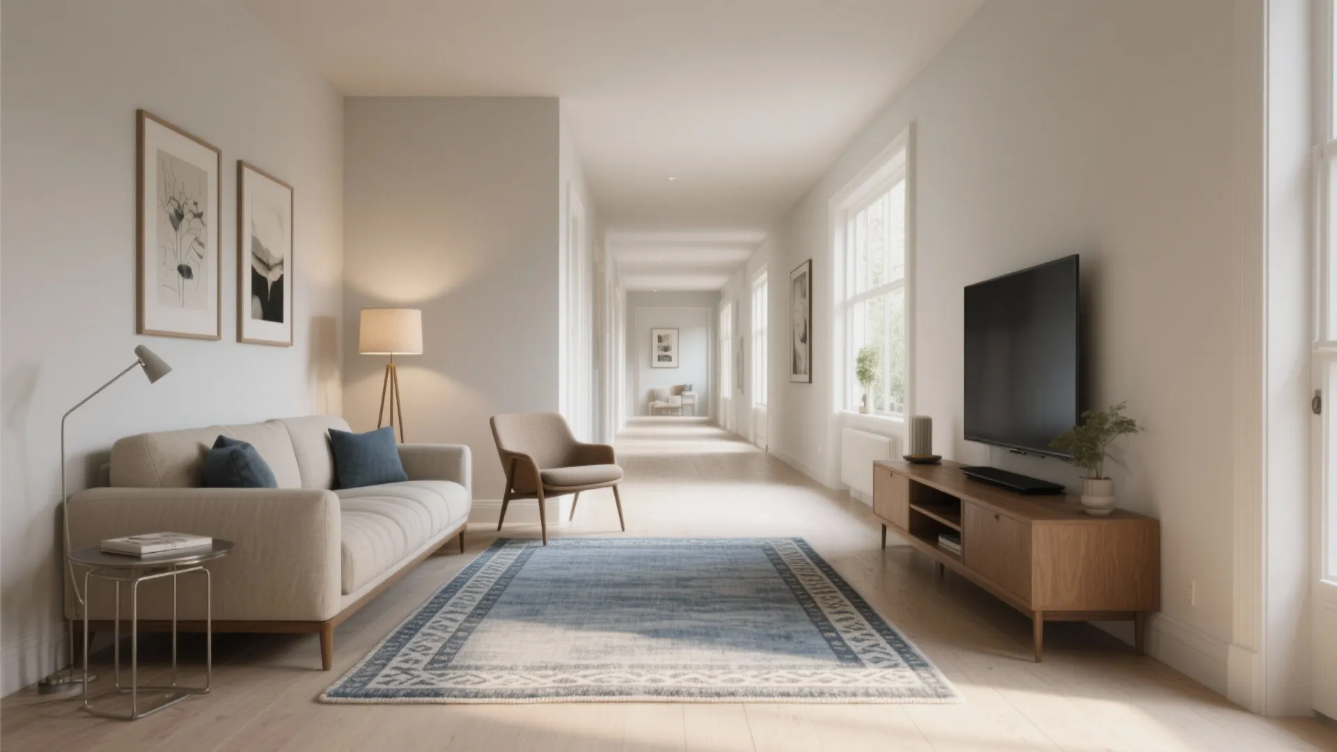 Offset placement to widen narrow rooms