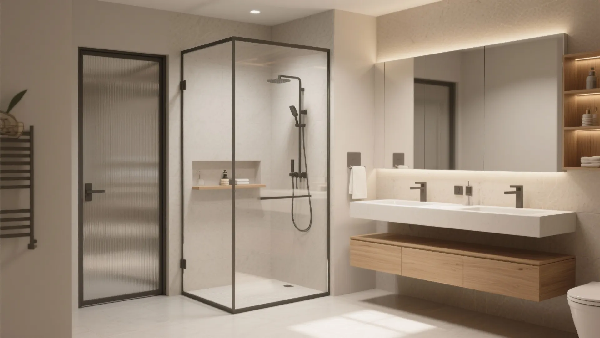 Offset corner walk-in shower with floating vanity opposite creating open center space