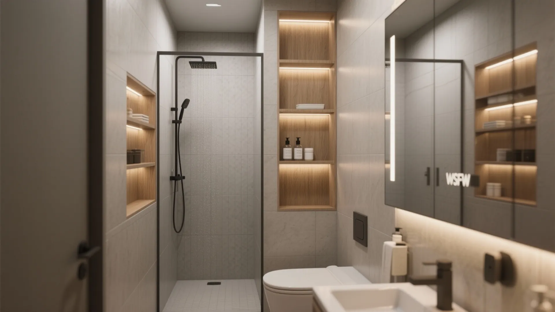 3. Offset shower + stacked storage wall