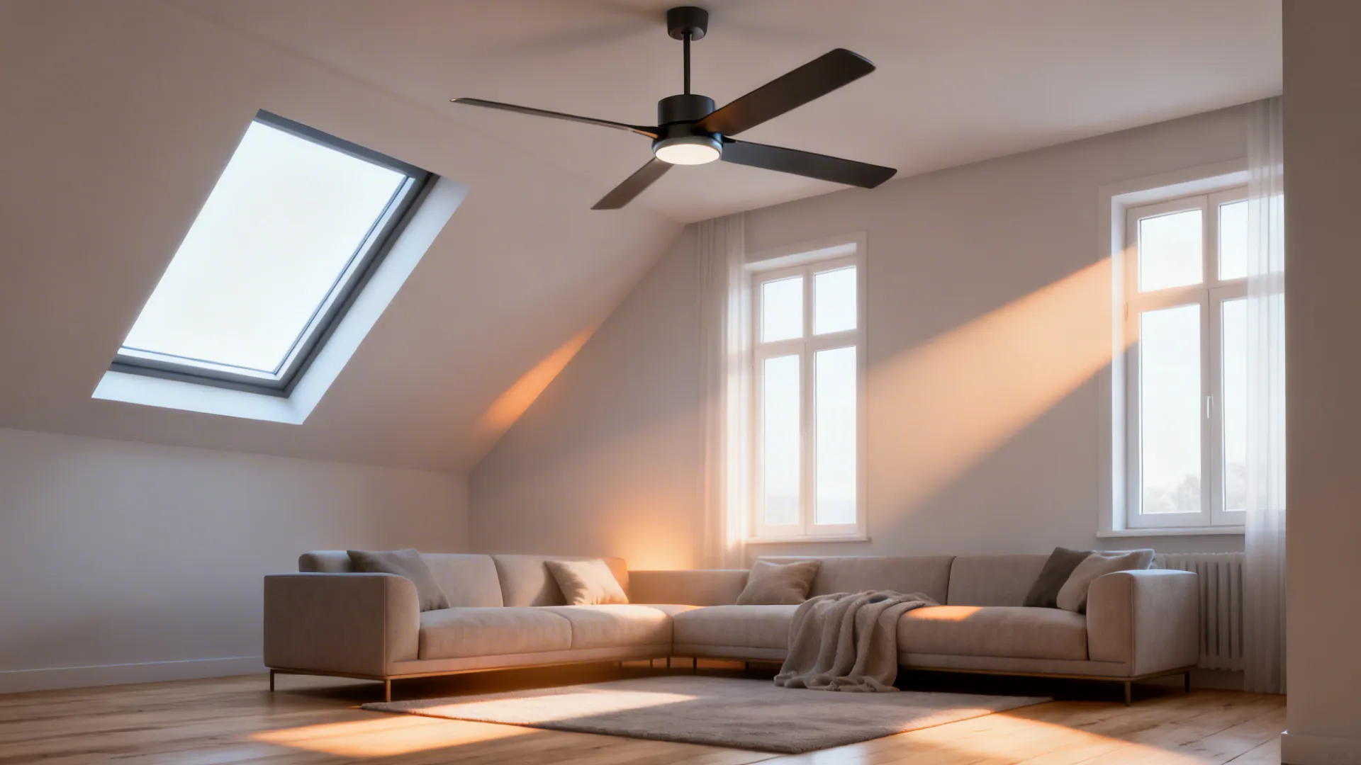 Small living room with an offset skylight and a ceiling fan with adjustable directional blades channeling airflow.