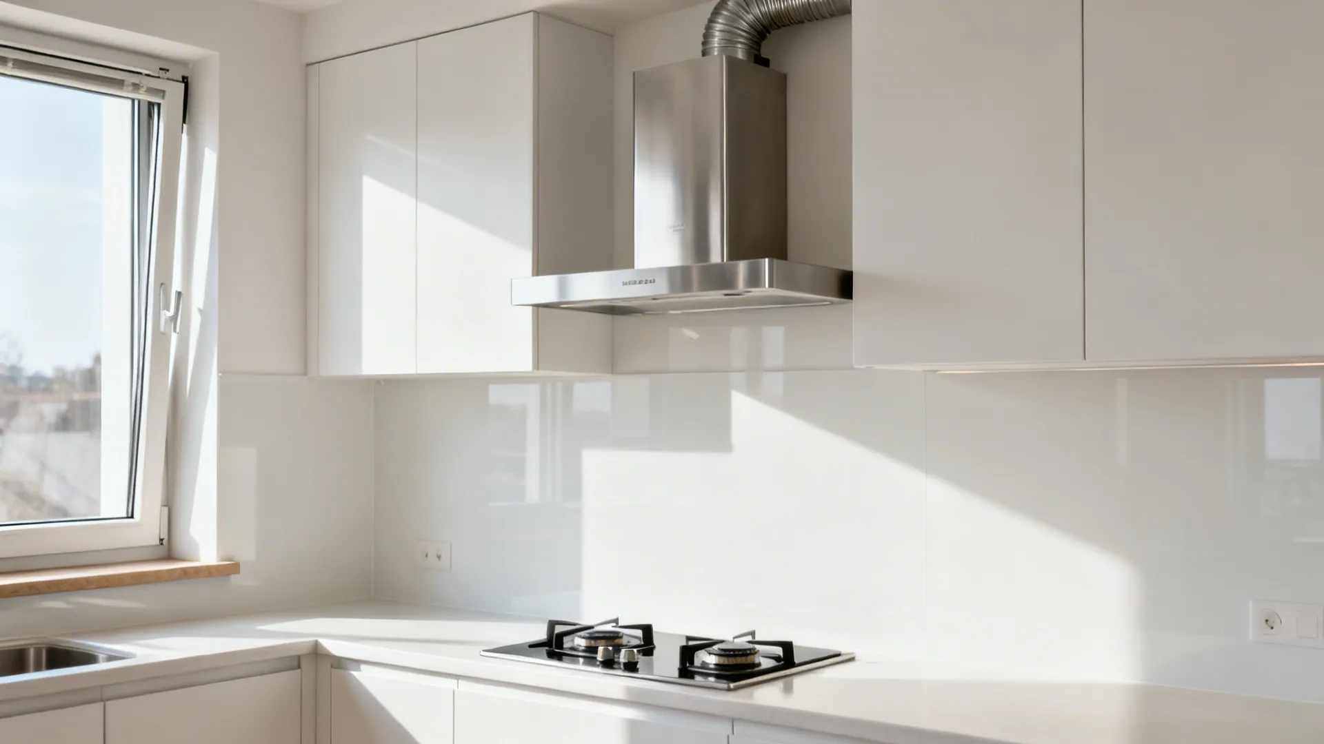 Slim wall-mounted hood offset beside a window in a compact kitchen.