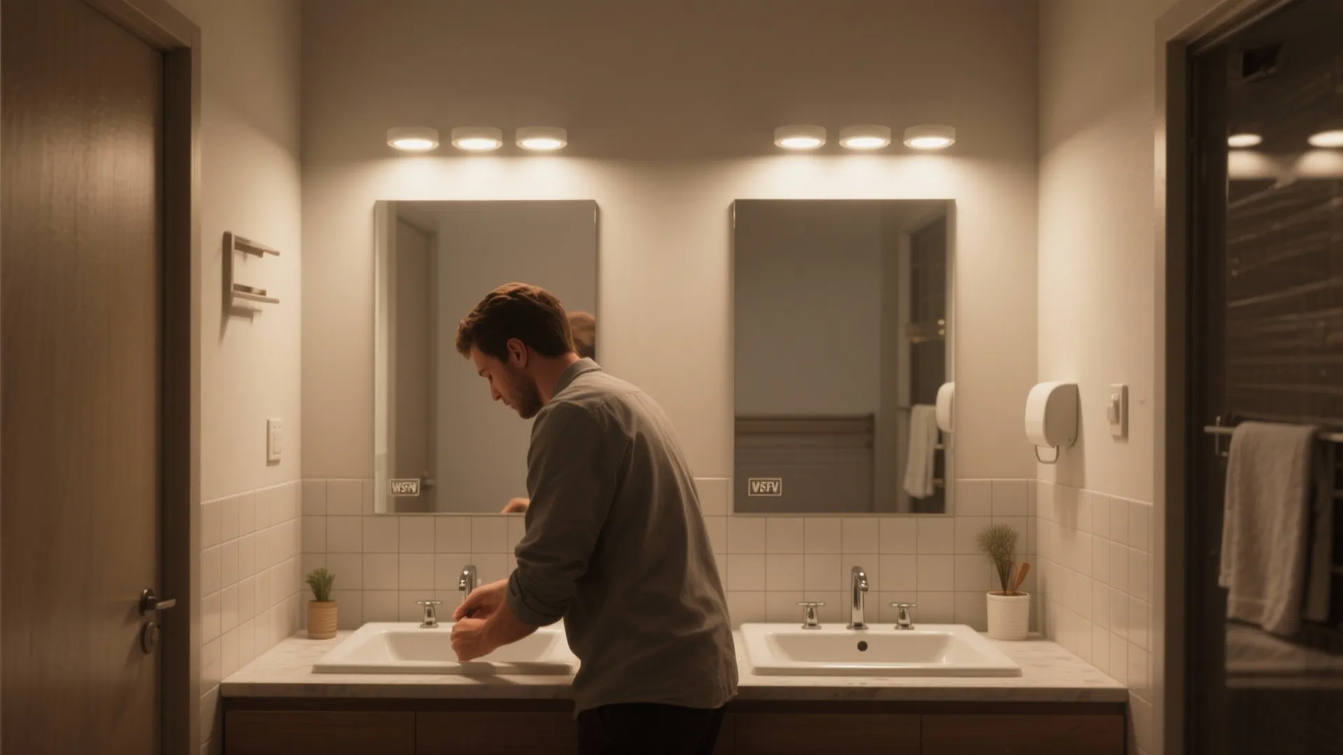 Bathroom interior design featuring a man using a double sink vanity with two large wall mirrors