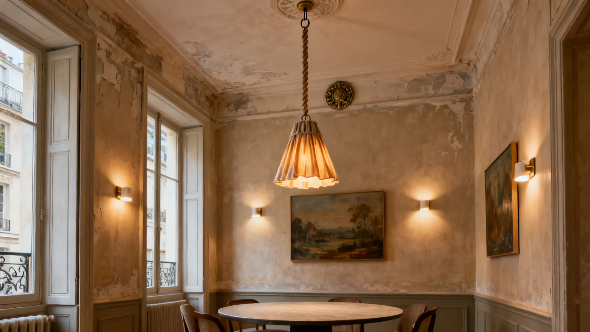 Vintage dining room with round table pleated ceiling light wall lights and a framed wall painting