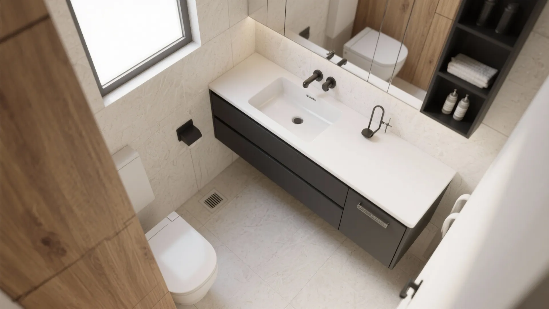 Top down view of small bathroom showing black cabinet white sink toilet and tiled floor