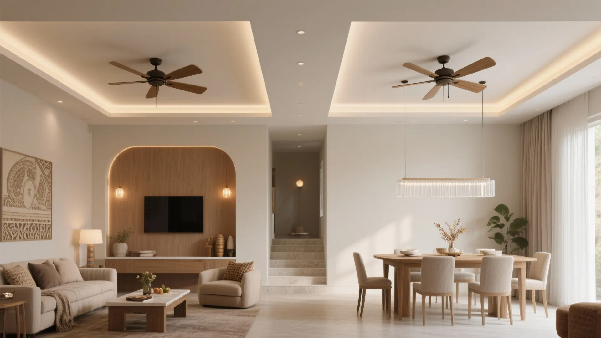 Offset tray ceiling with zones for seating and dining