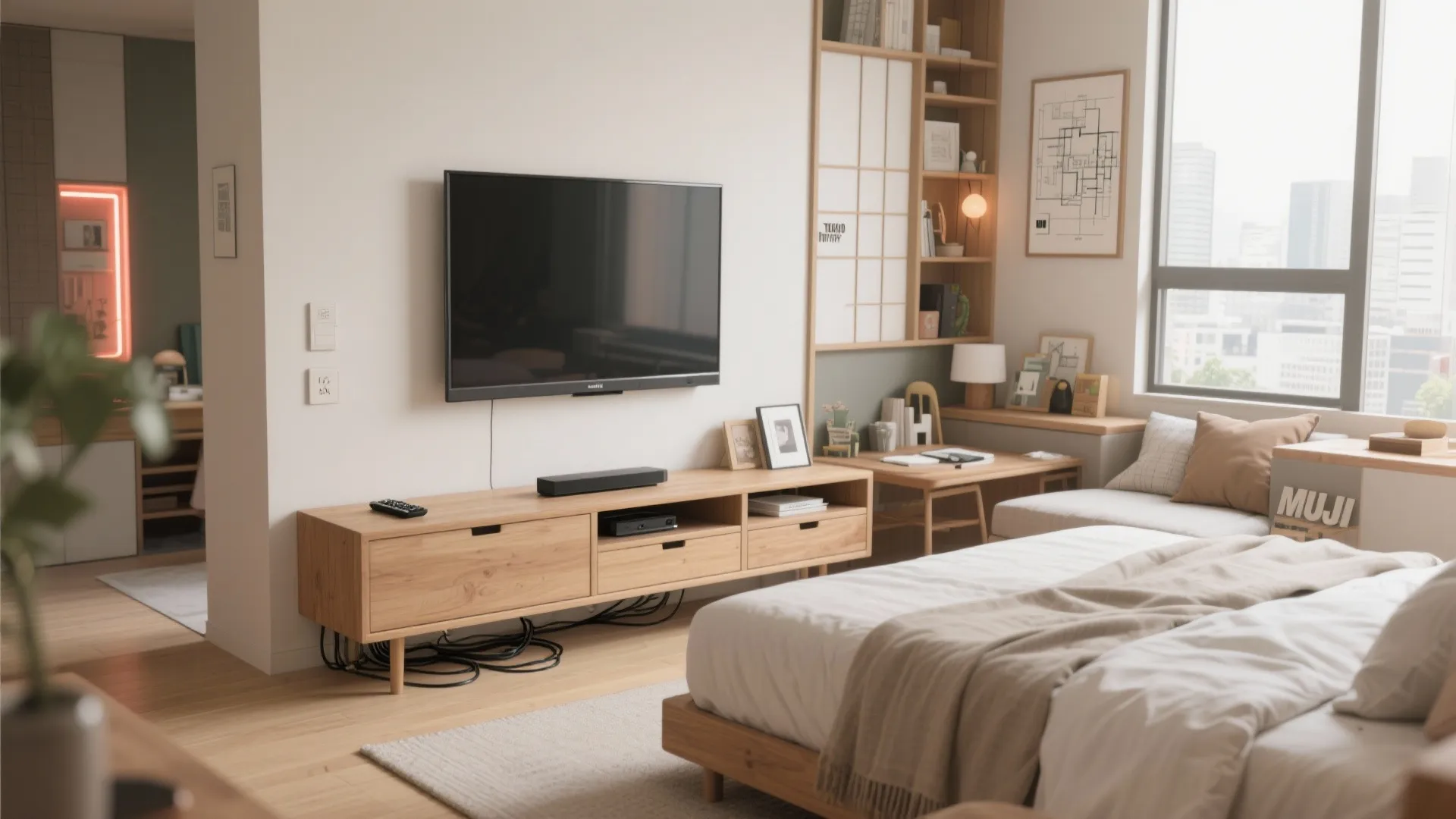 Tips 2: ベッド正面は“半オフセット”で目線をずらす（收纳技巧を兼ねる）