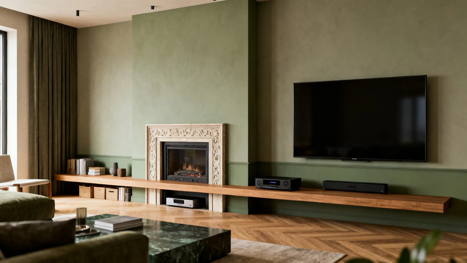 Rectangular living room with an offset TV above a slim credenza and a framed fireplace