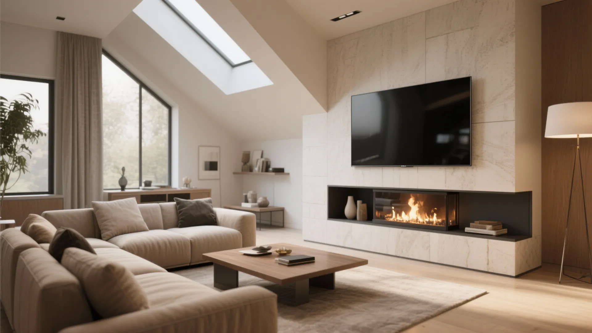 Modern living room with tv above fireplace roof window wooden coffee table and beige sofa