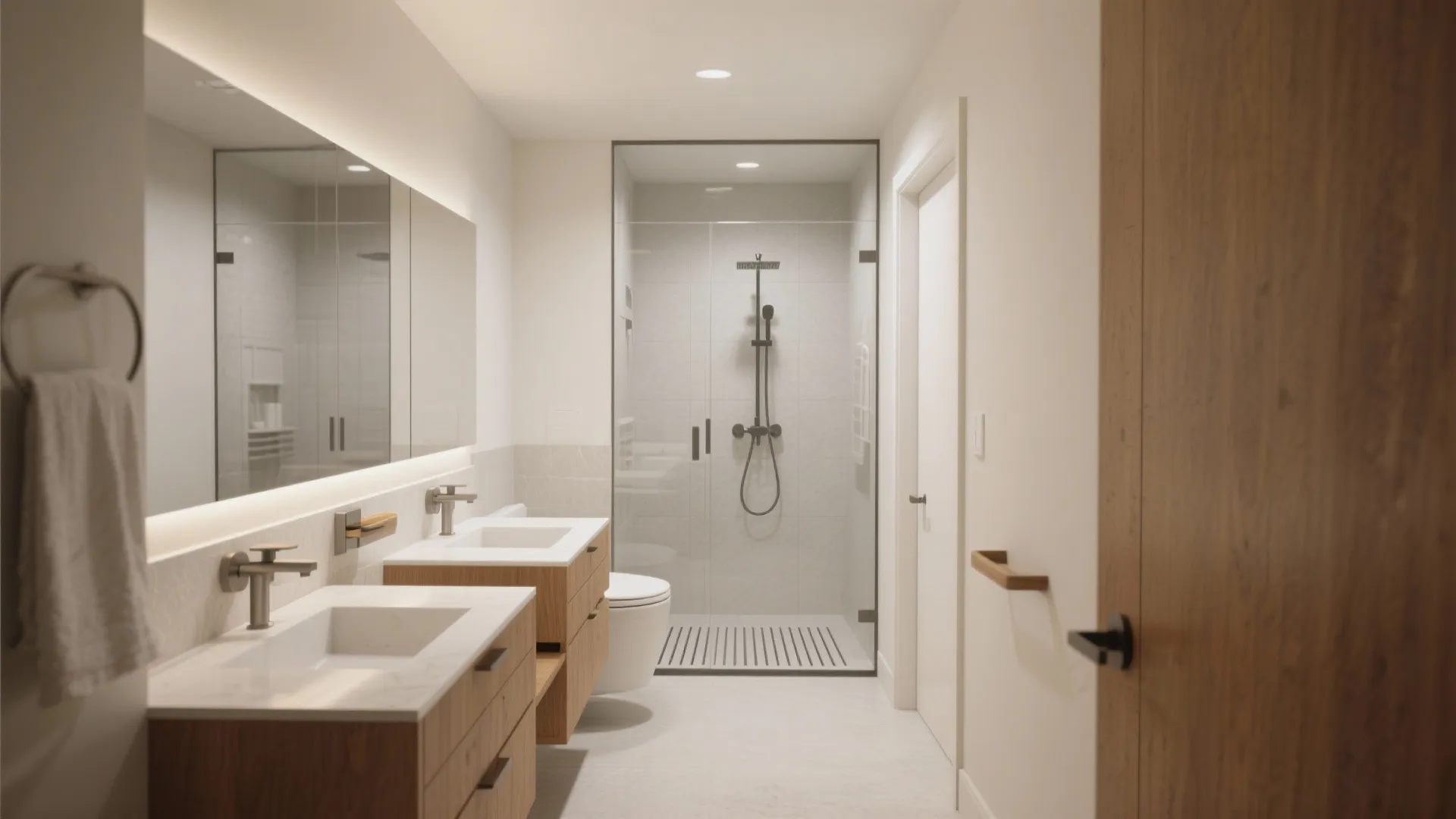 Offset vanity leading visually to a frameless walk-in shower in a compact master bathroom.