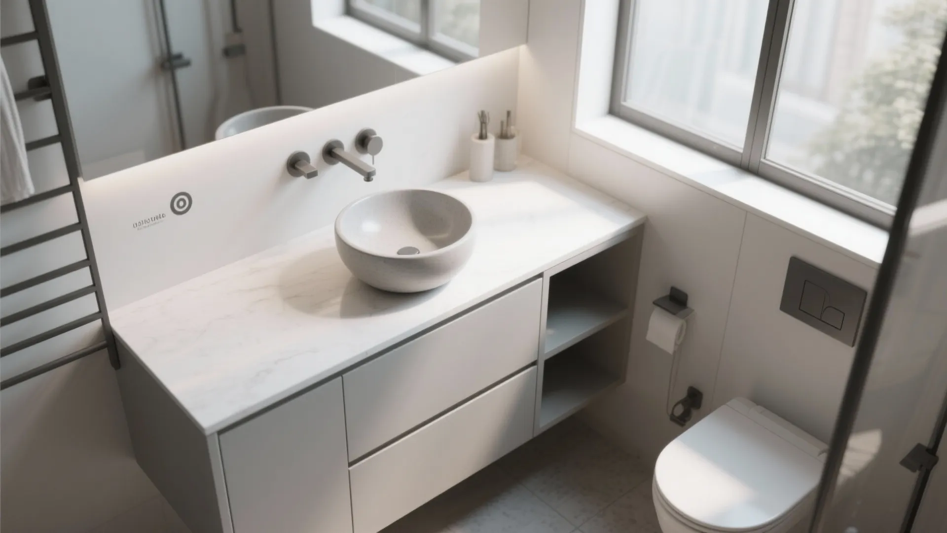 Offset positioned vessel sink allowing extra counter space