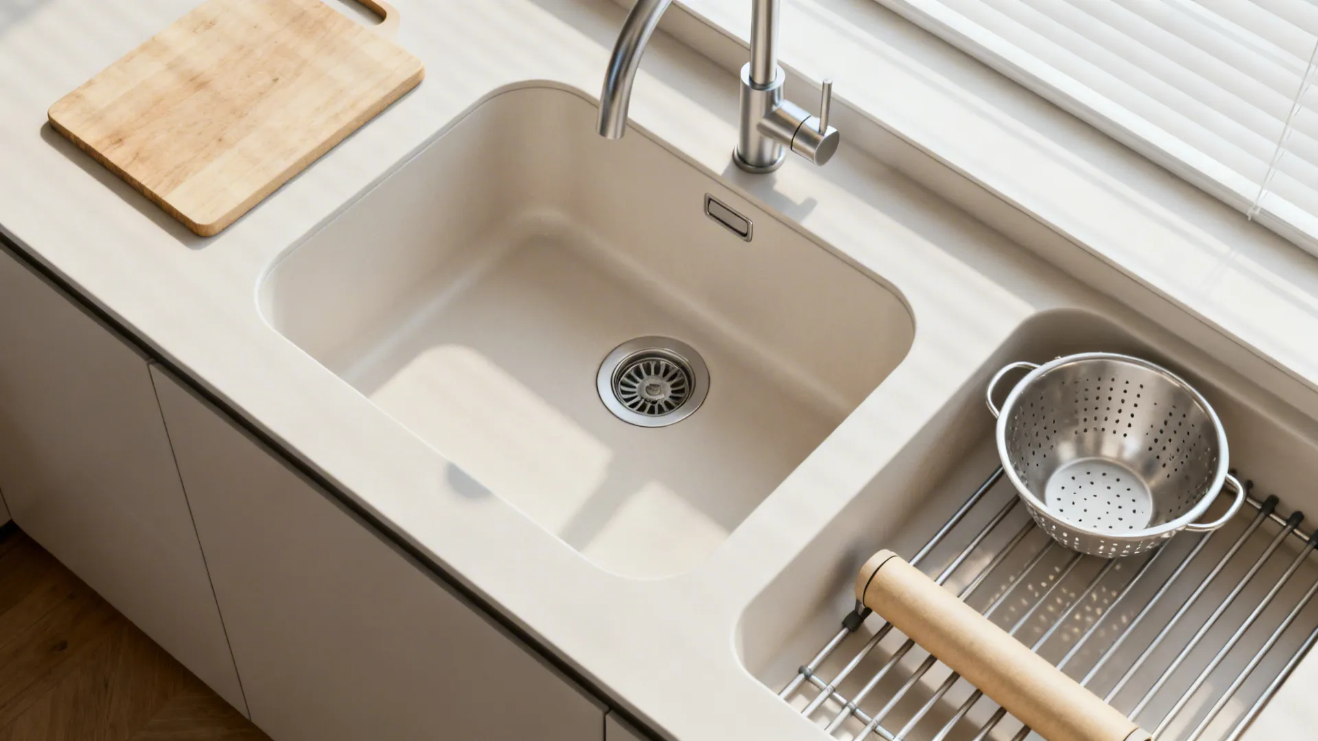 Large single bowl with offset drain to maximize usable counter