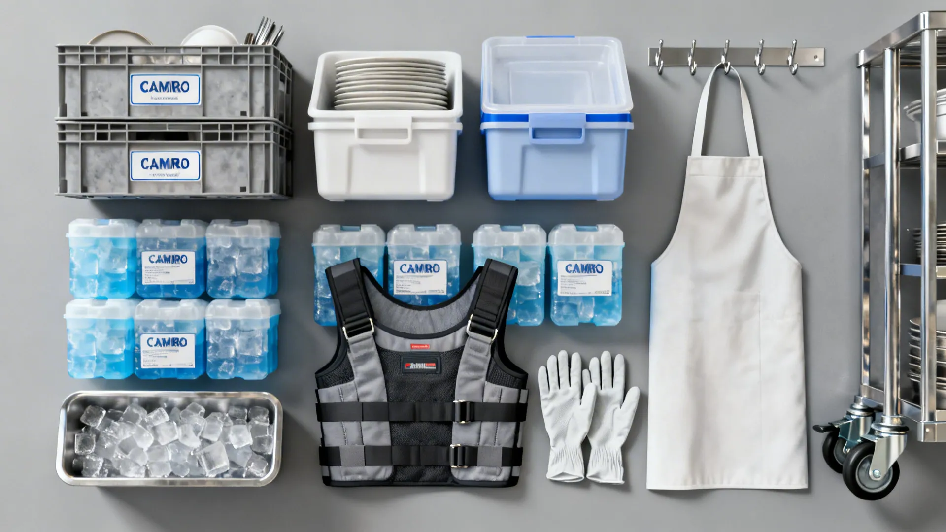 Flat lay of labeled crates, containers, ice packs, and dollies for efficient load-outs.