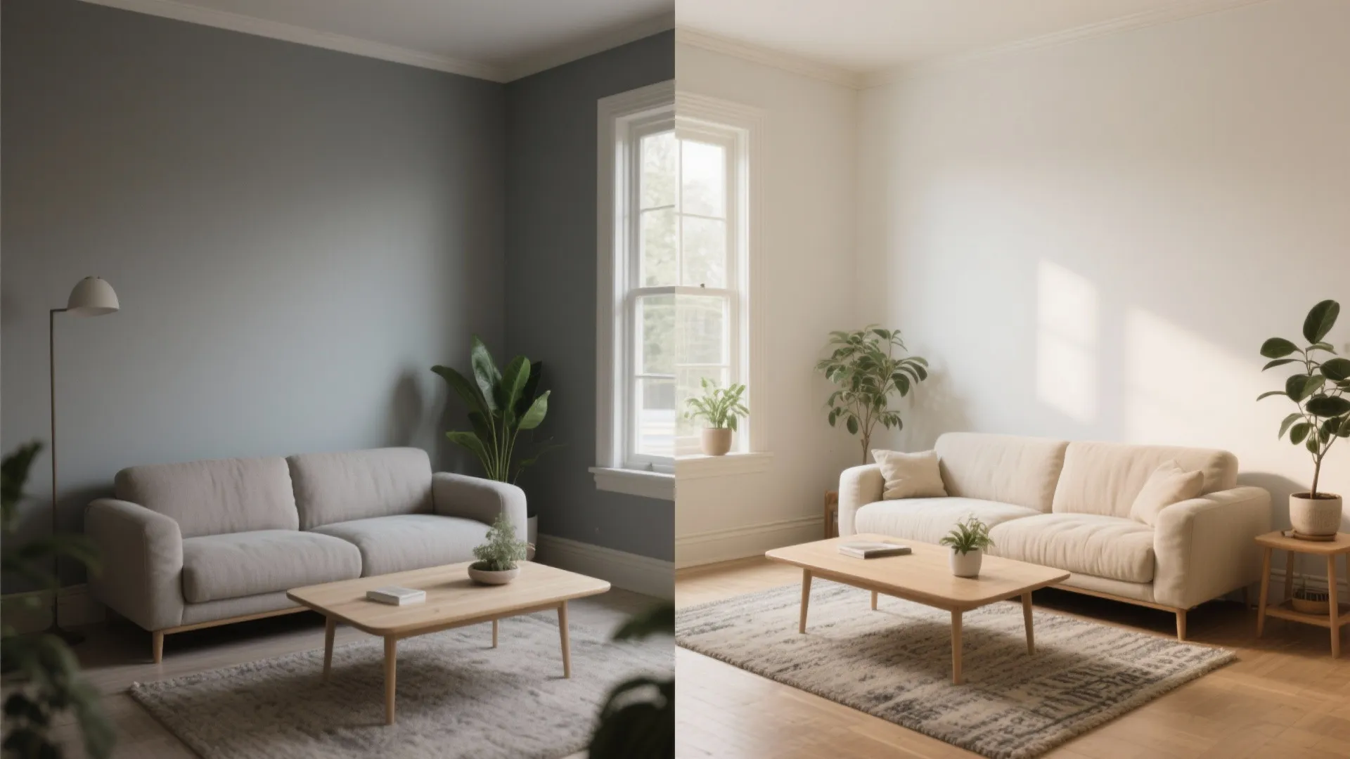 Side-by-side comparison of a living room with dark grey walls versus bright off-white painted walls