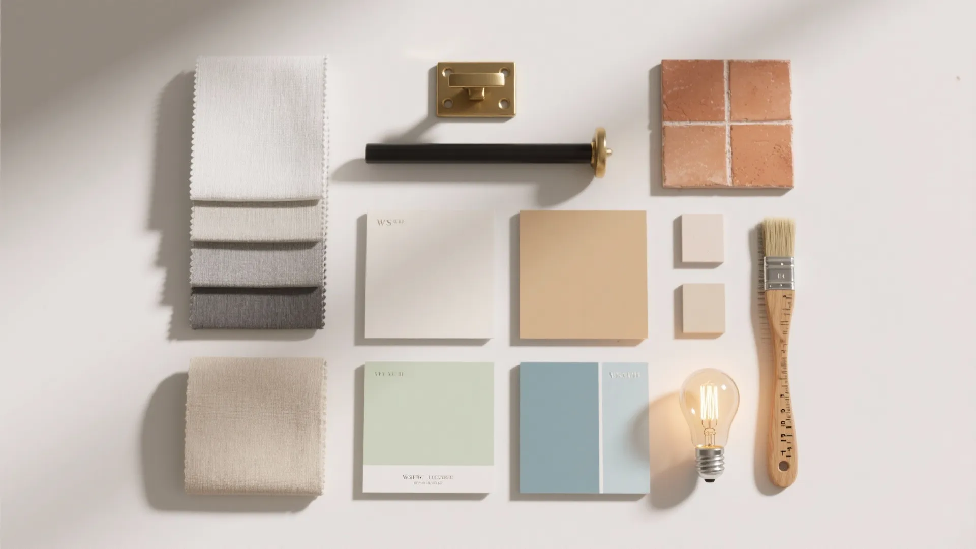 Interior design mood board showing fabric samples paint swatches tiles light bulb and paint brush