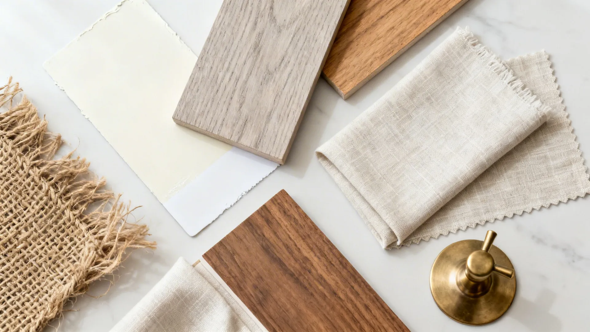 Top-down palette with off-white paint, ash and oak wood, jute fiber, linen, and brass finish.
