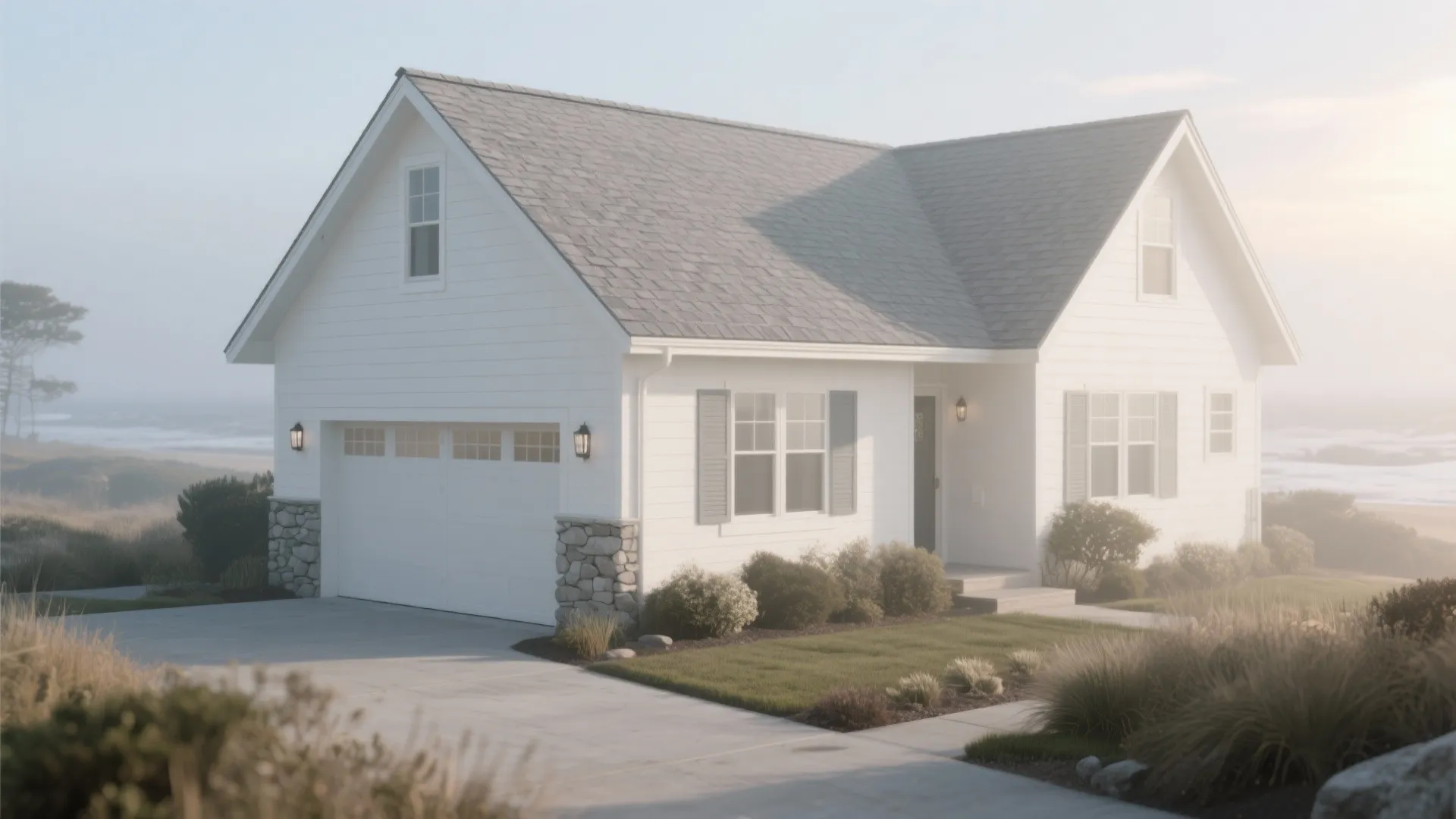 Modern white house with gray roof garage stone details green grass and coastal landscape background view